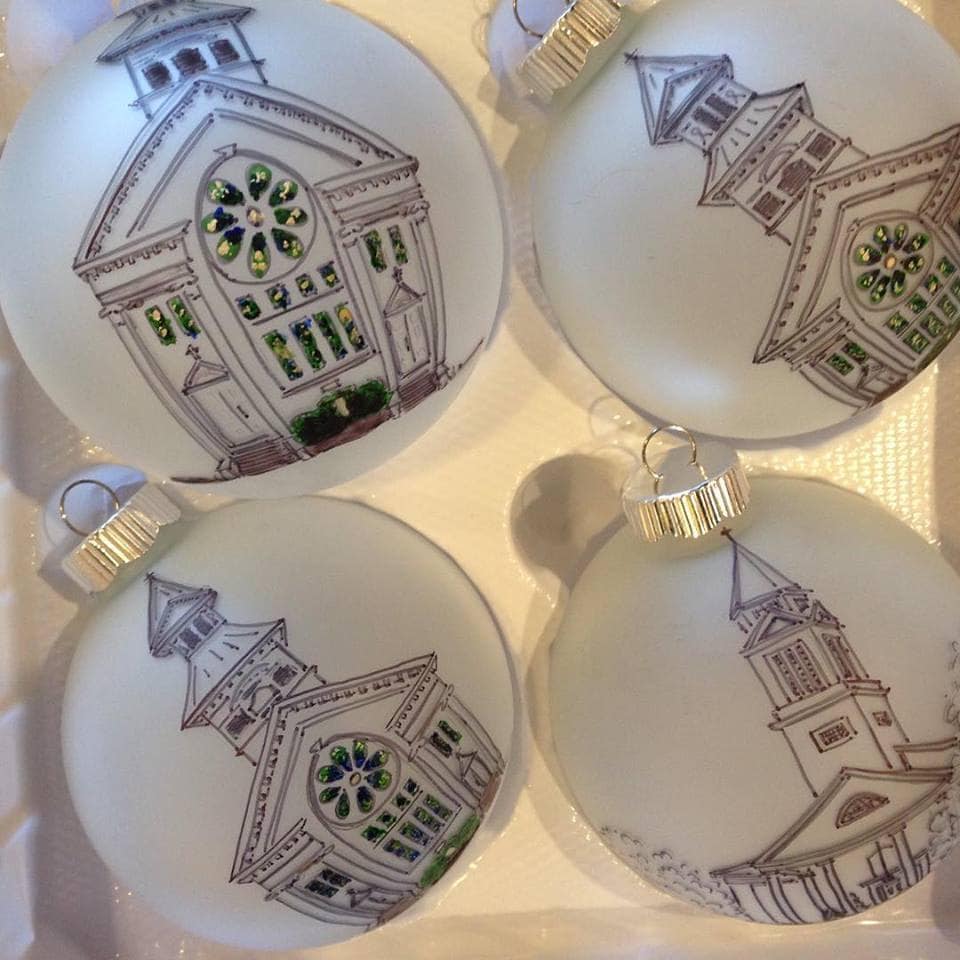 Custom Church Christmas ornaments, painted ornaments by Natalie Bradley
