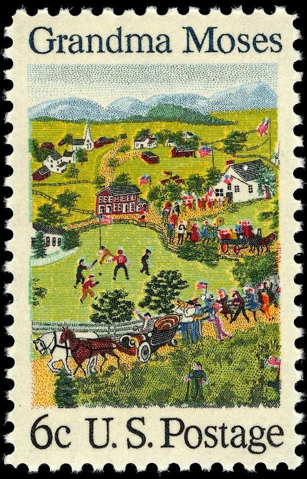 A postage stamp created in honor of Grandma Moses