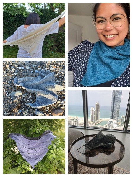 Collage of shawls in various colours, some lying flat, some worn.