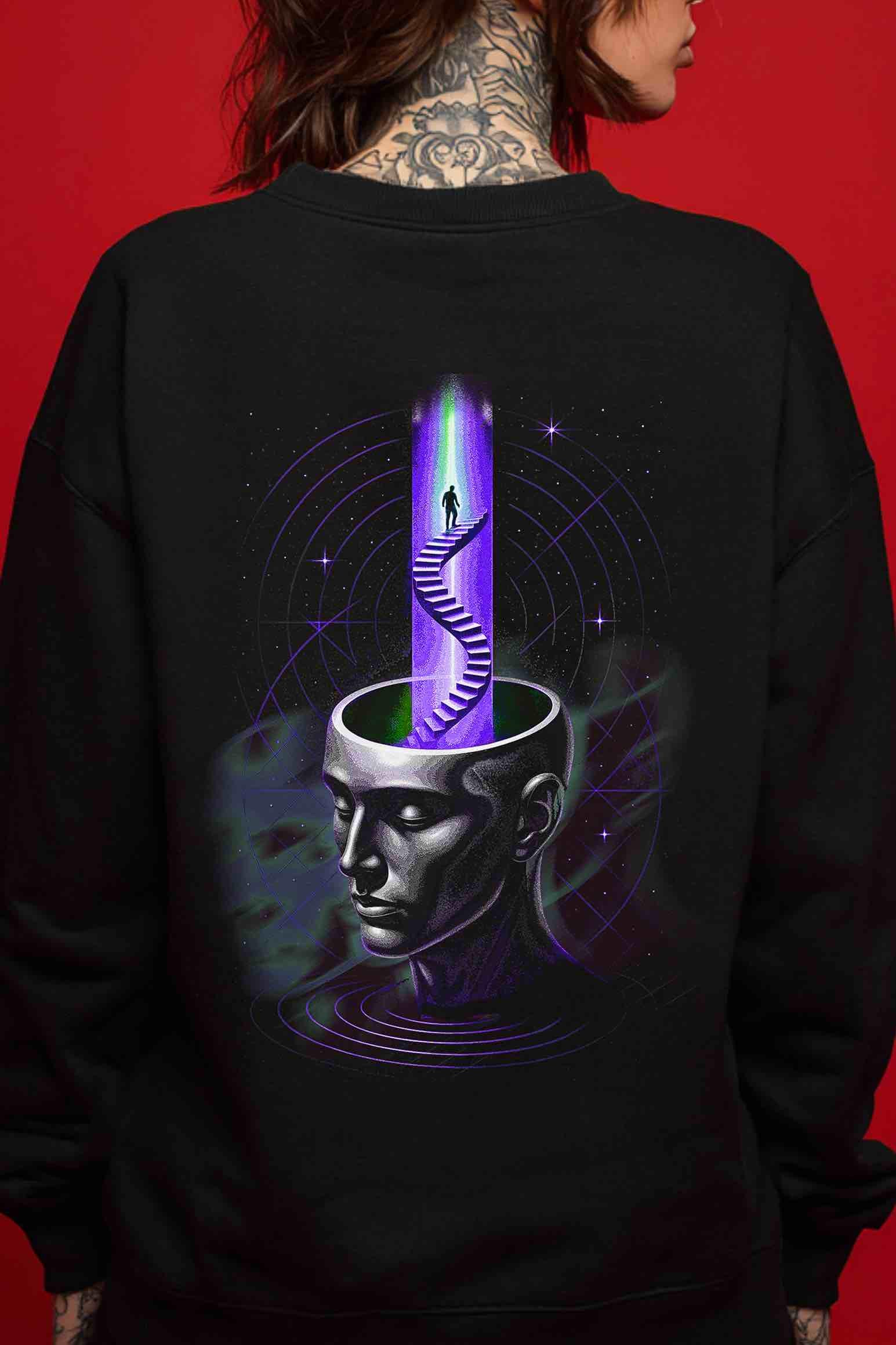 Black Sweatshirt Mockup: Black crewneck sweatshirt with oversized back graphic; surreal chrome head, luminous column, staircase to silhouette, nebula haze and star rings; cozy altwear for goth/cyberpunk aesthetics.