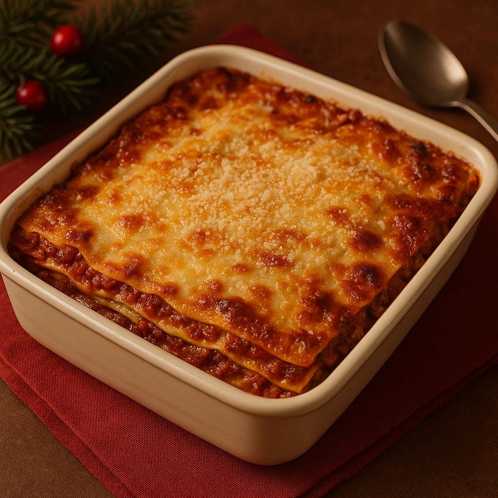 Lasagna alla Bolognese – Camadas de massa, ragu, bechamel e parmesão. Festiva e farta.