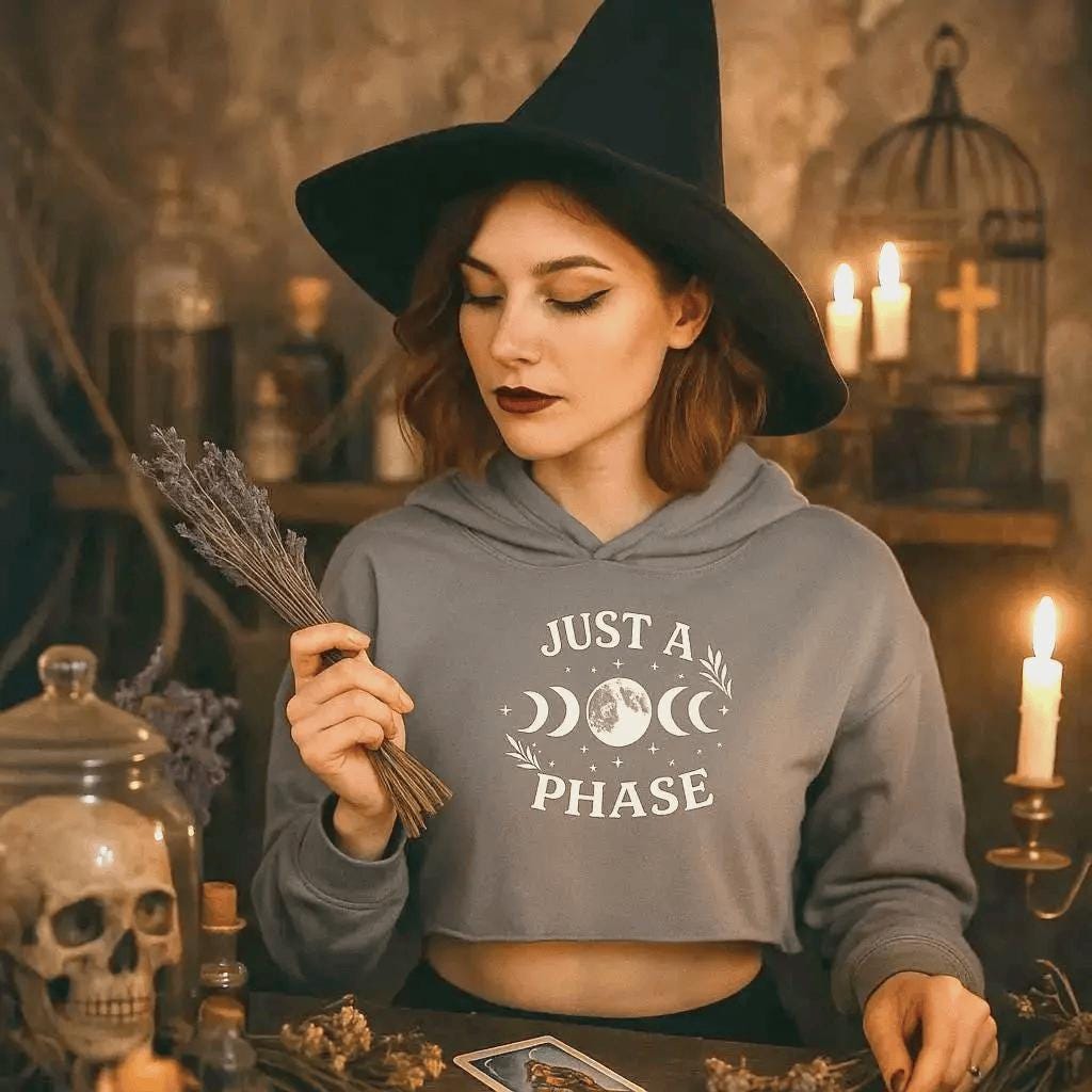 A woman in a gray crop hoodie that says Just a Phase with an image of moons. She has a witch hat on and is surrounded by lavender.