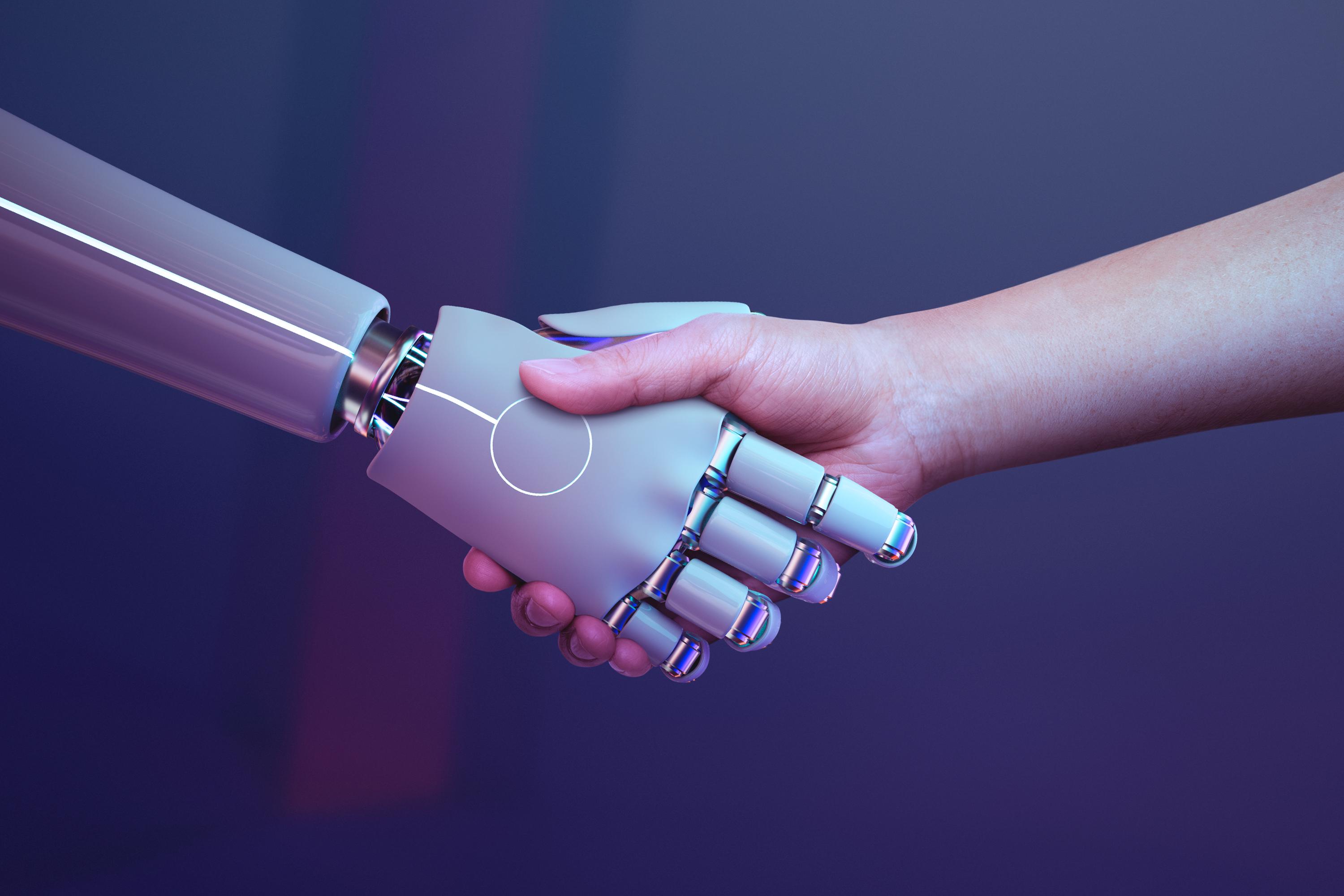 An illustrative image of a human hand shaking hands with a robotic hand, ai.