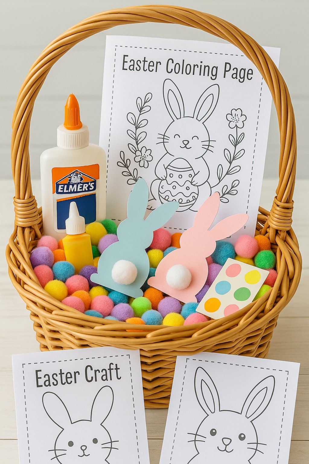 Easter basket filled with colorful pom-poms, bunny-shaped paper cutouts, glue, and printable coloring pages—DIY Easter crafts for kids and candy-free Easter basket filler ideas