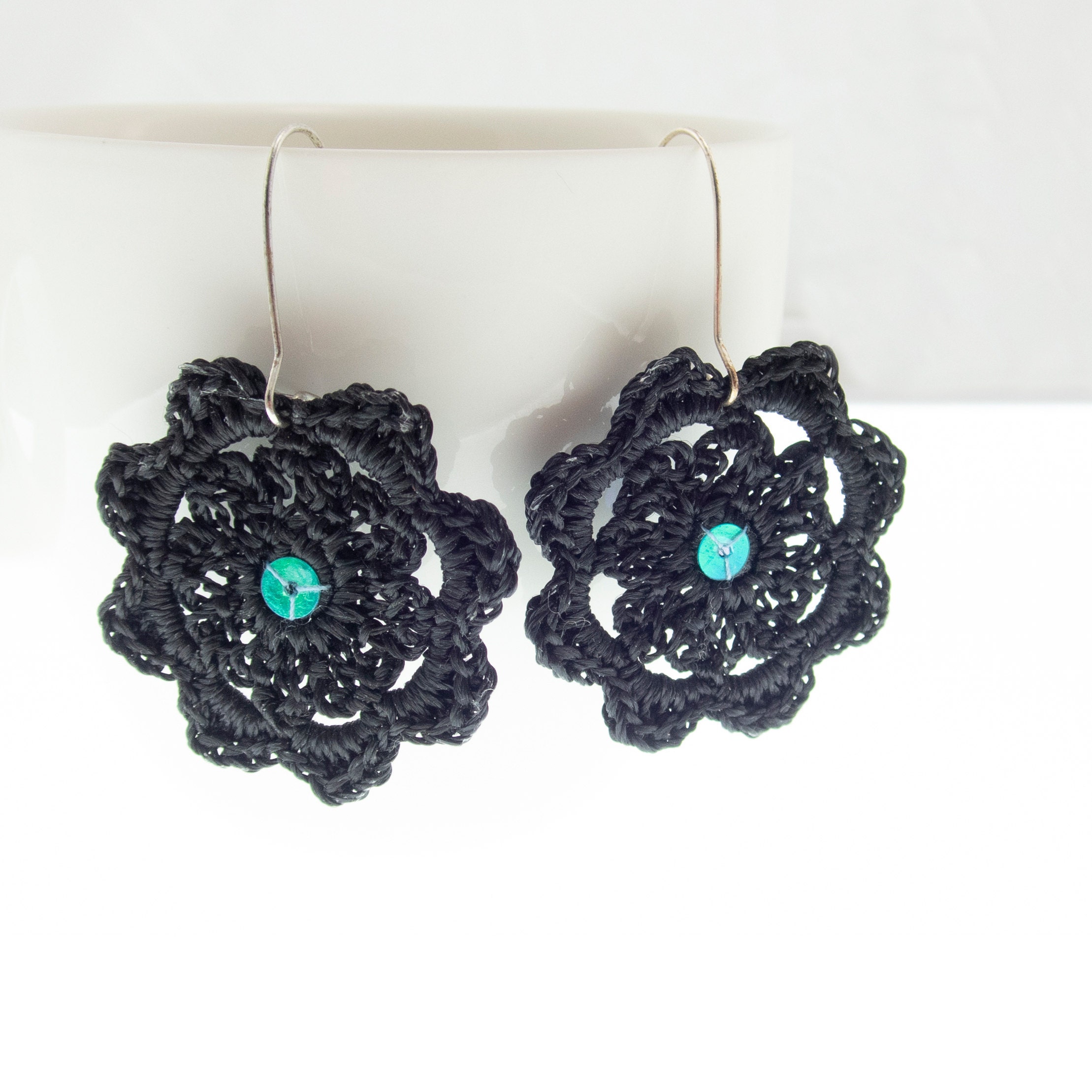 handmade statement earrings glitter black flowers