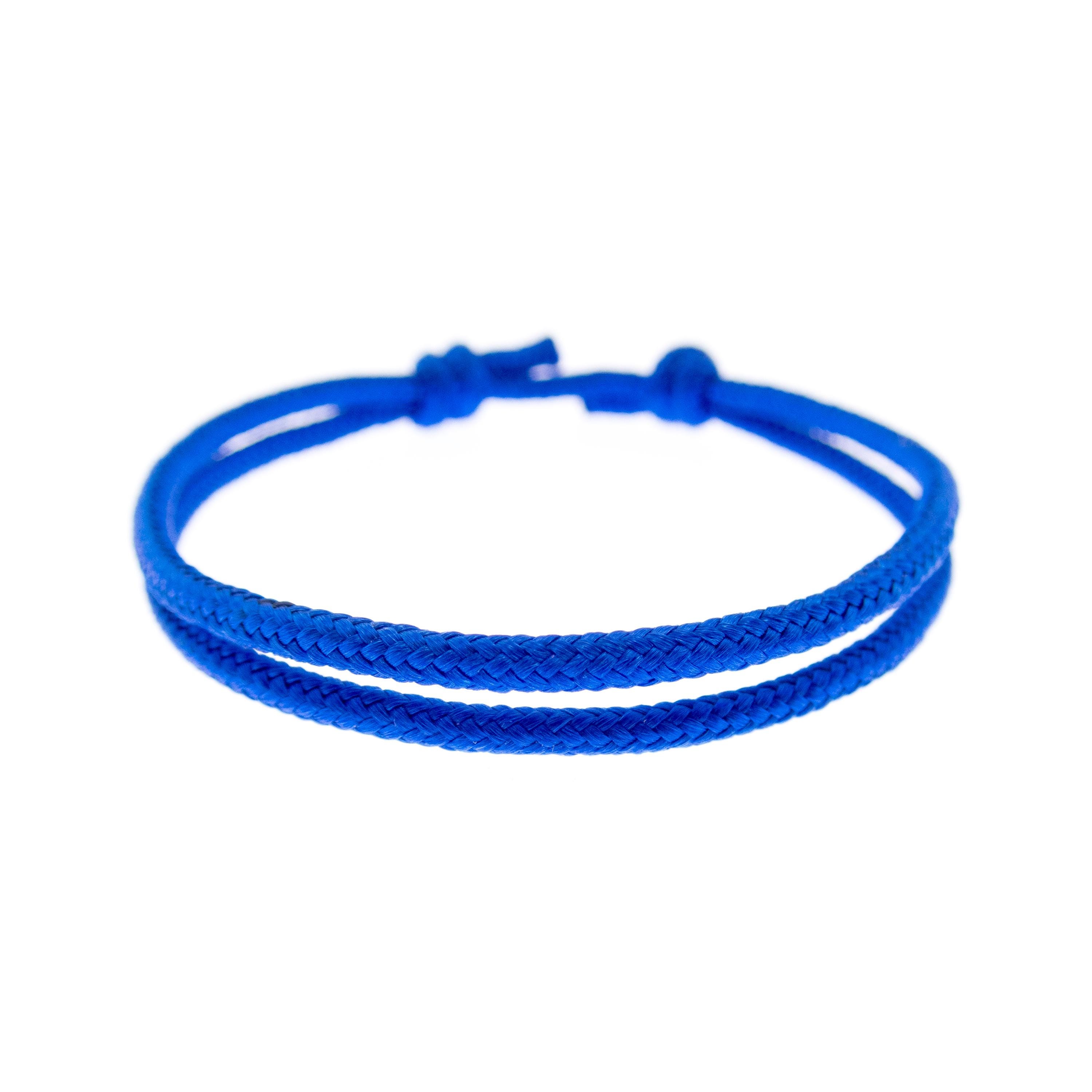 Handmade blue climbing rope bracelet with adjustable sliding knot, unisex surfer jewelry for men and women who love bouldering, hiking and yoga.