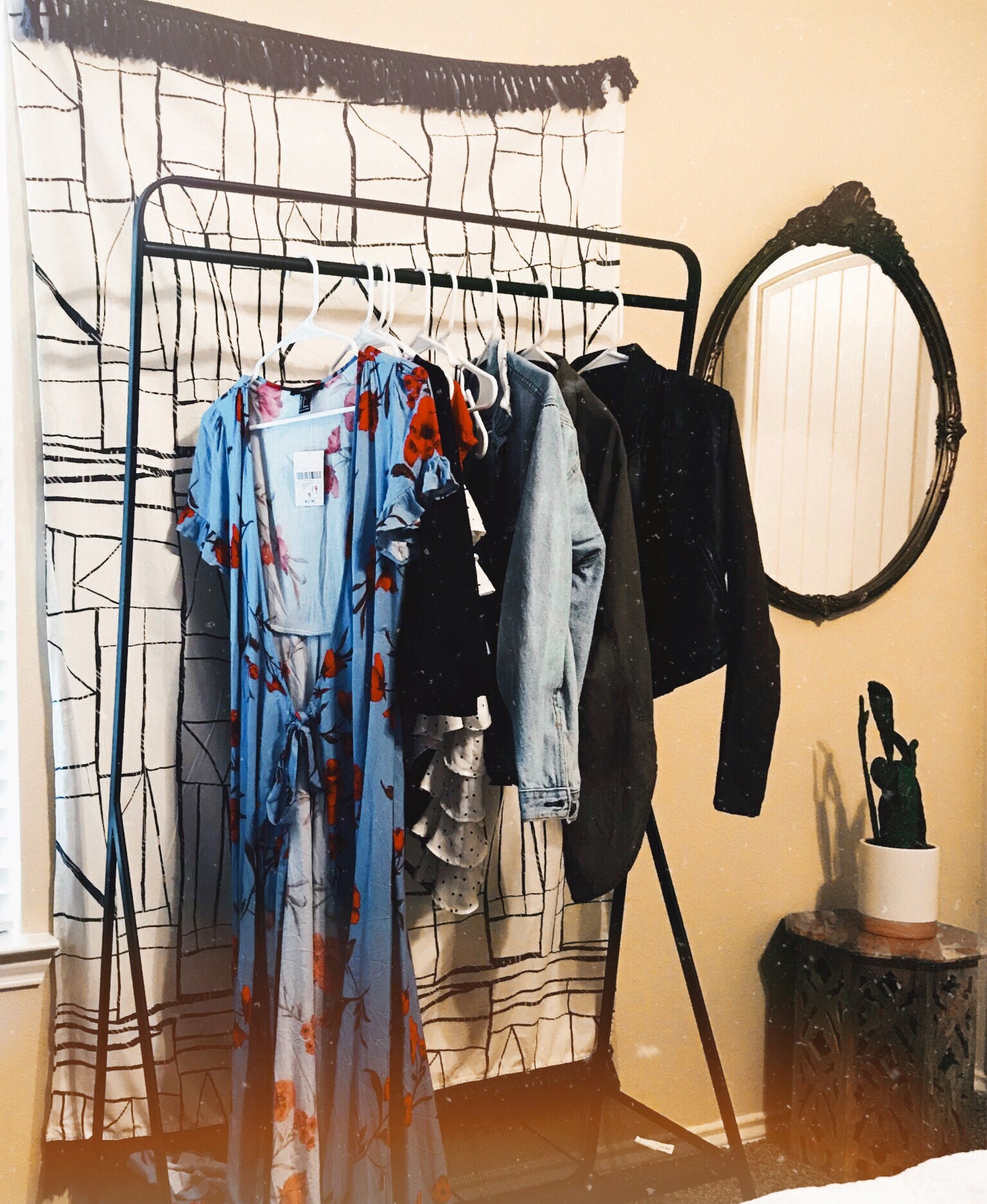 vintage mirror, target tapestry, and rack all under 40