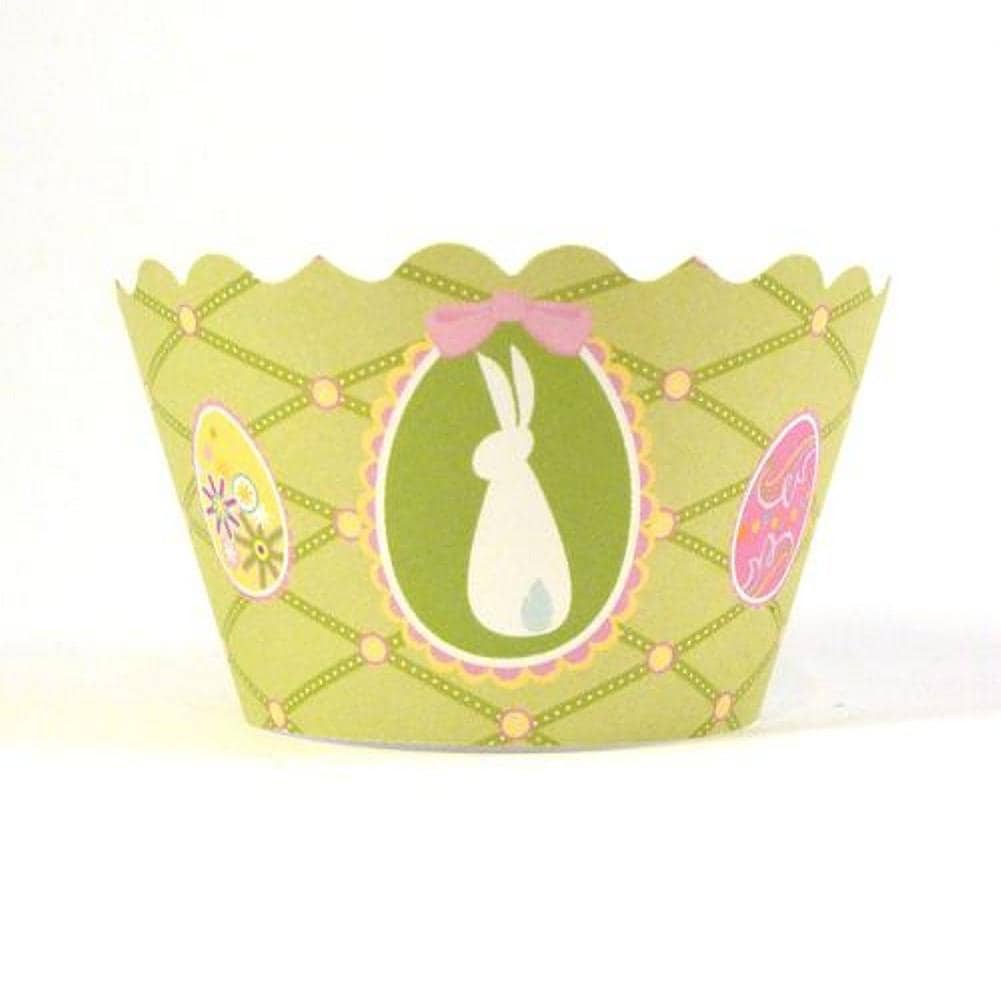cupcake wrapper in light green with bunny and Easter eggs