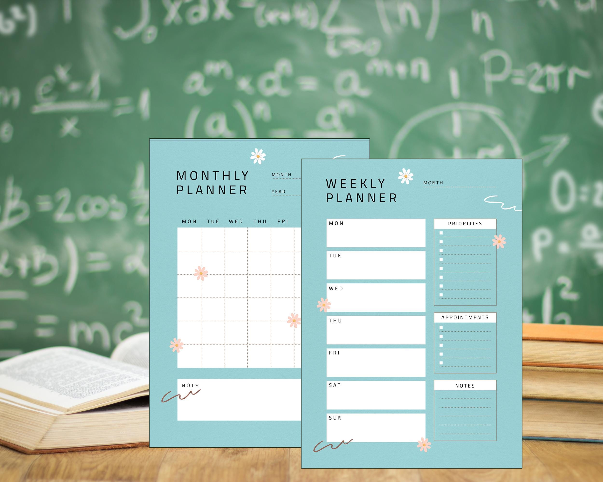 The elegant blue floral planner set includes daily, weekly, and monthly undated planner pages.