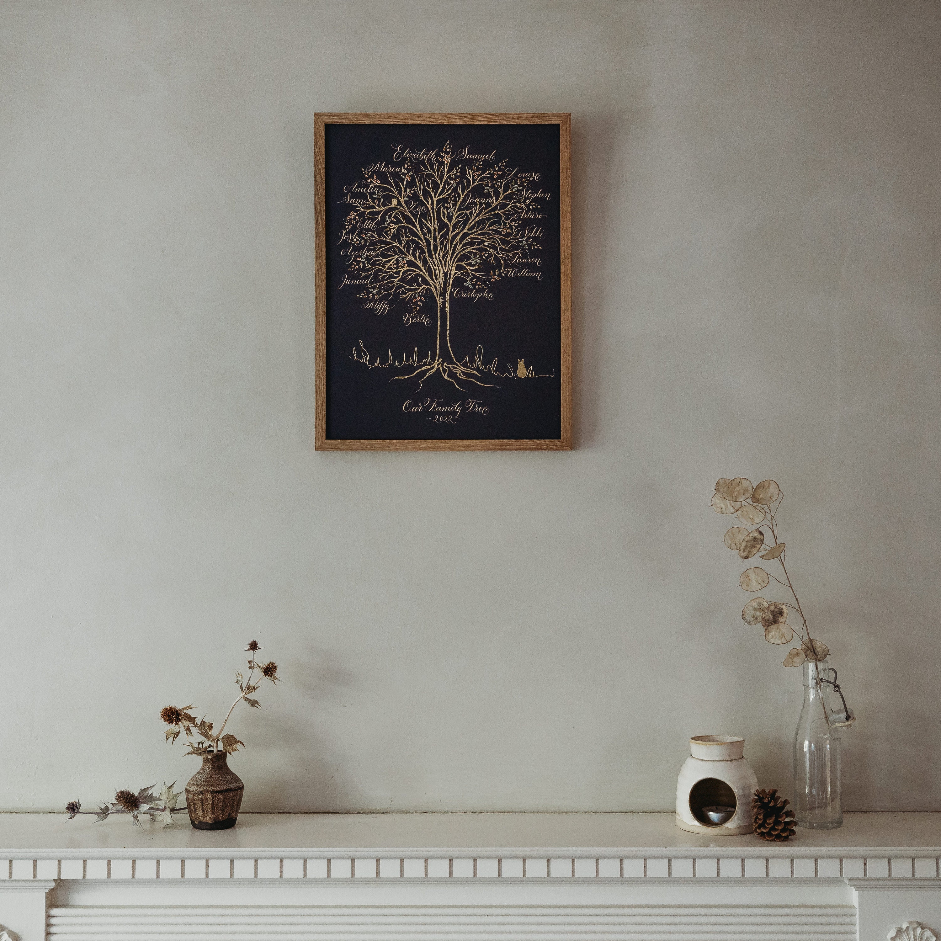 gold family tree artwork made in the UK, image credit ©Thyme Lane Photography