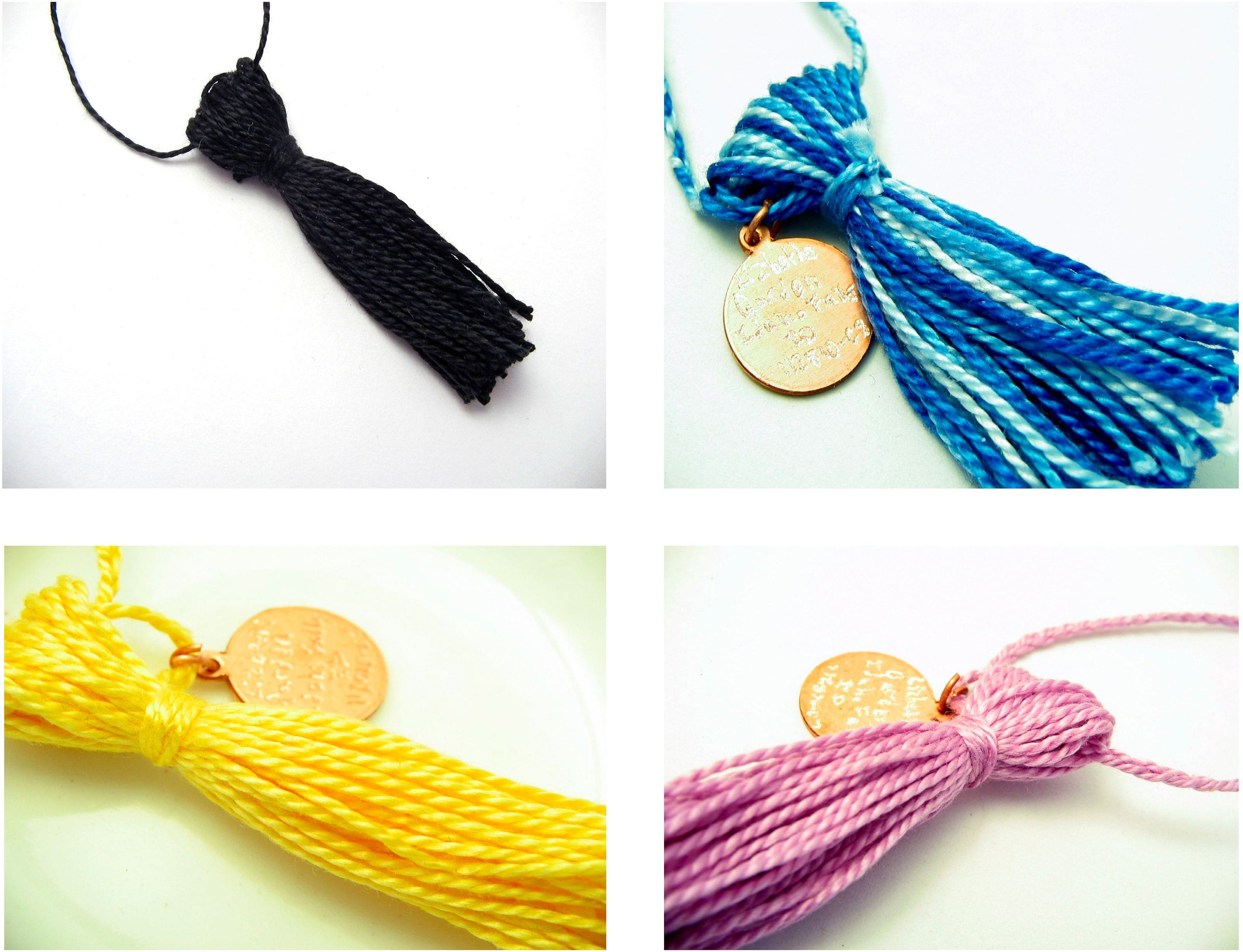 Custom graduation tassels from Lizbeths Garden (4 custom tassels. Clockwise from upper left: black, blue variegated, light purple, yellow)