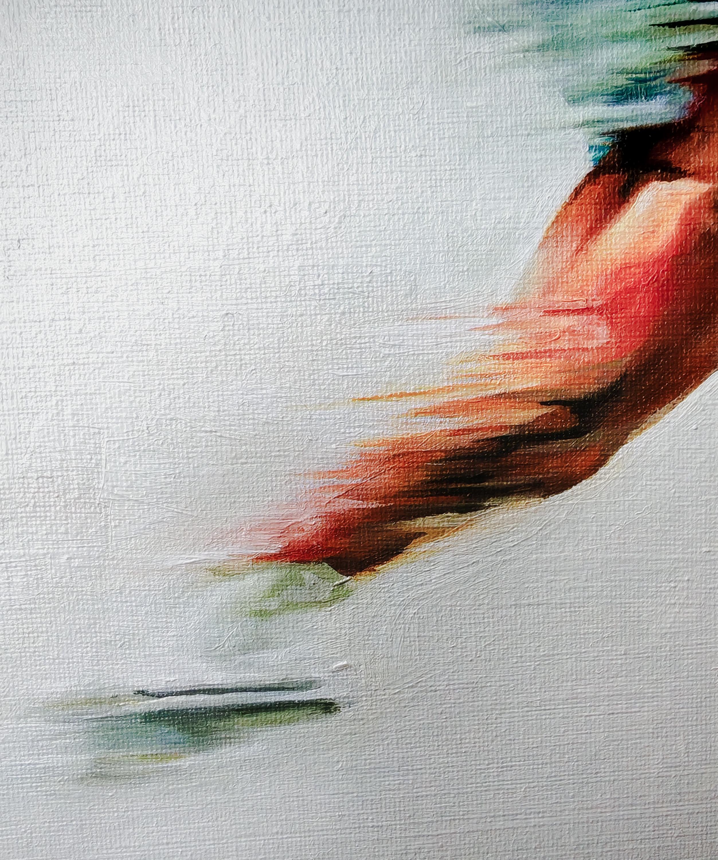 A close up of an oil painting of a figure skaters leg in motion