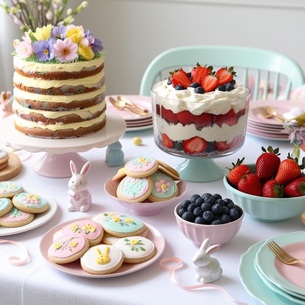 shot of an easter brunch dessert table: pastel layer easter cake, easter themed cookies, layered easter trifle, fresh fruit, pastel decor, cozy spring vibe