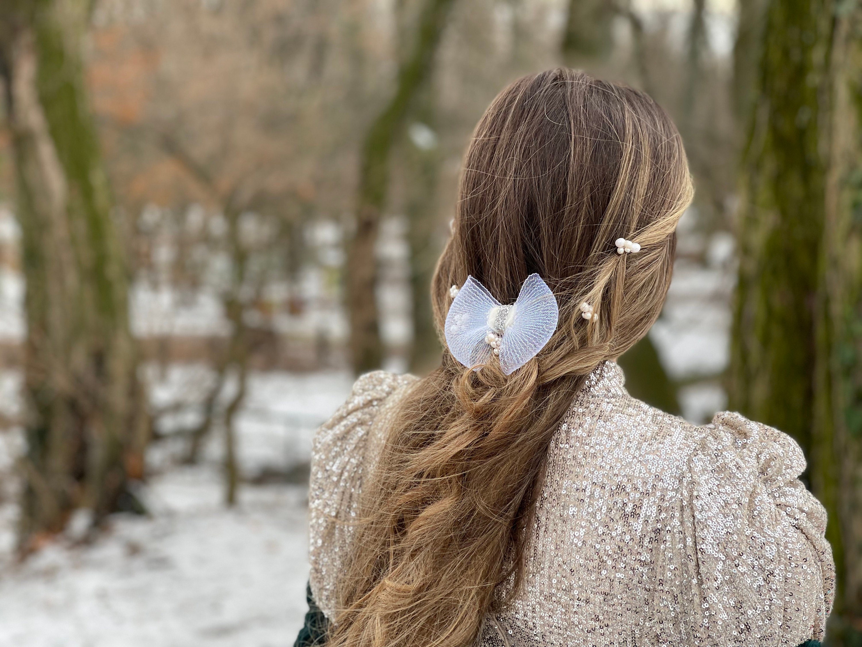 hair bow, boho bride, silver dress