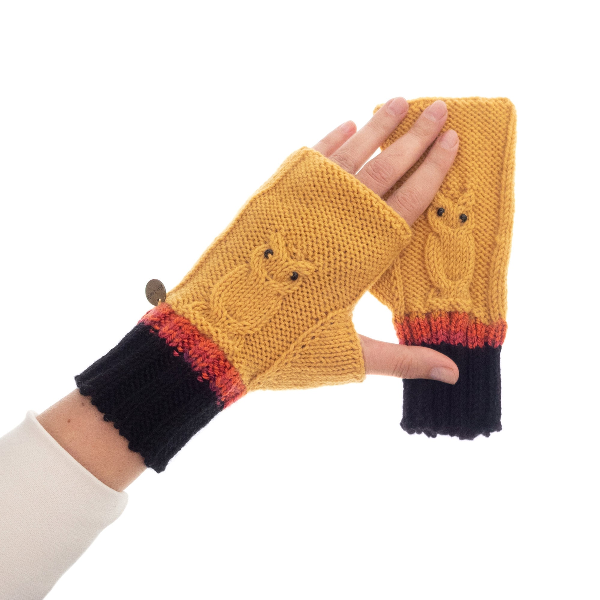 yellow fingerless gloves with owls
