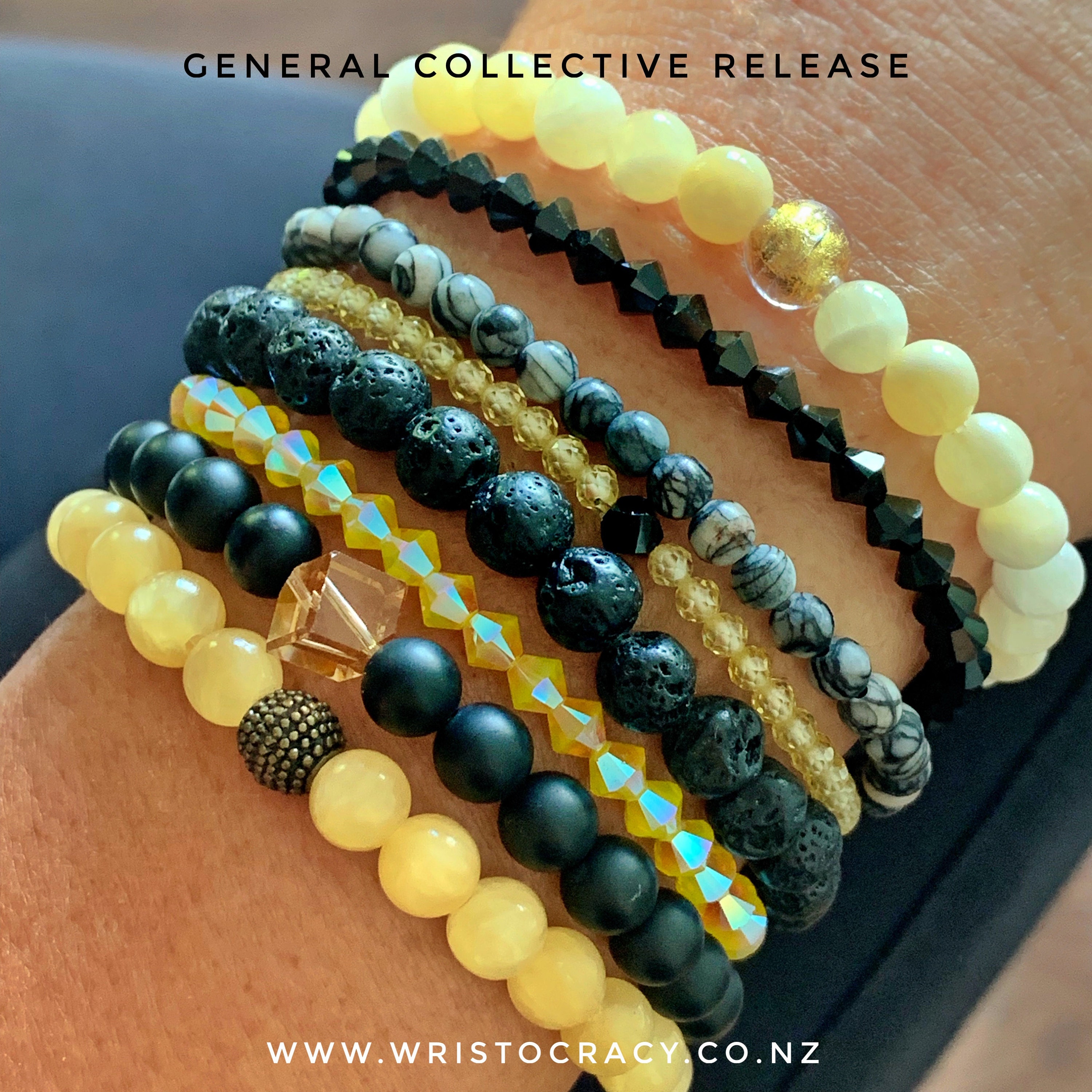 Honey Jade with Honey Calcite set and Zebra Jasper, Lava Stone & Swarovski
