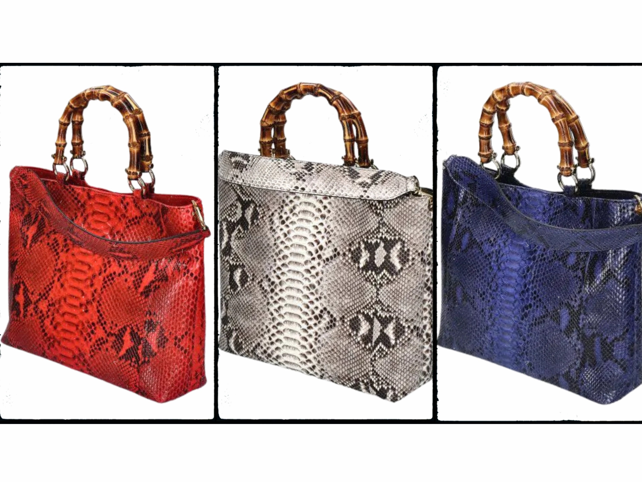 Large Tote Snakeskin Bag Wood Handle Accent