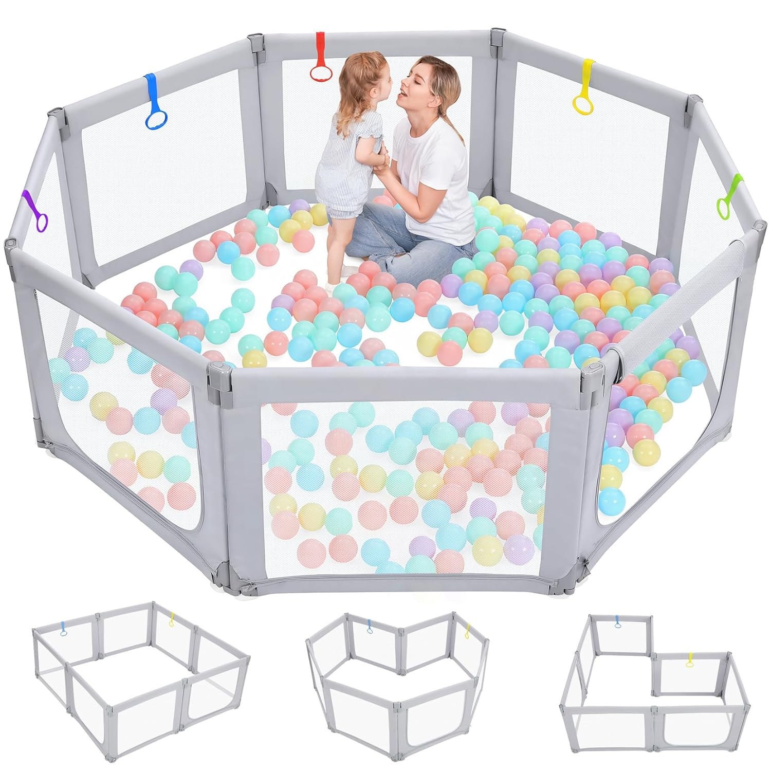 Dripex Foldable Baby Playpen, 71×69 Play Pens for Babies and Toddlers, Safe Anti-Fall Play Yard with Gates, Baby Fence with Breathable Mesh, Indoor & Outdoor Kids Activity Center, Ash Grey
