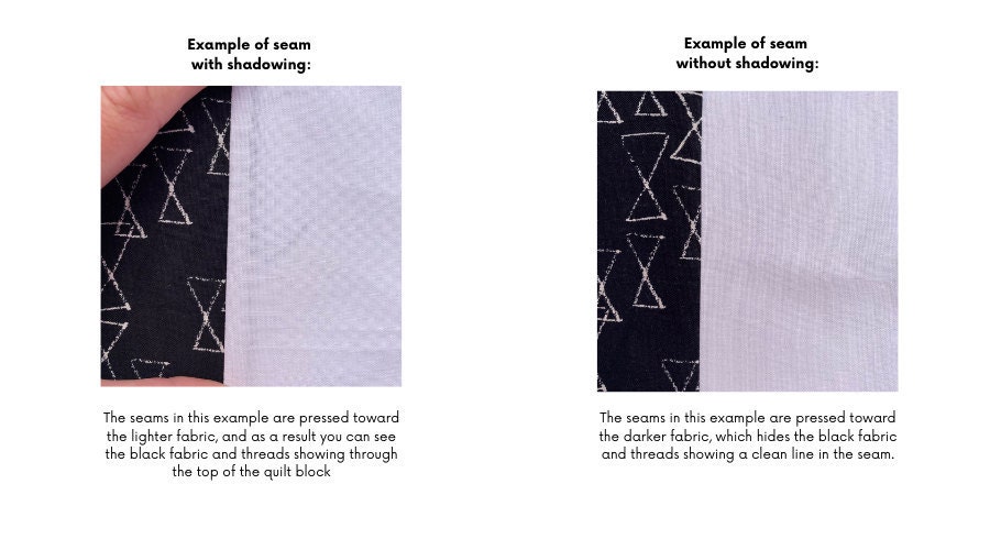 Examples of shadowing in a quilt seam. In the first image you can clearly see the black fabric through the top of the white fabric, however in the second image there is a clean line.