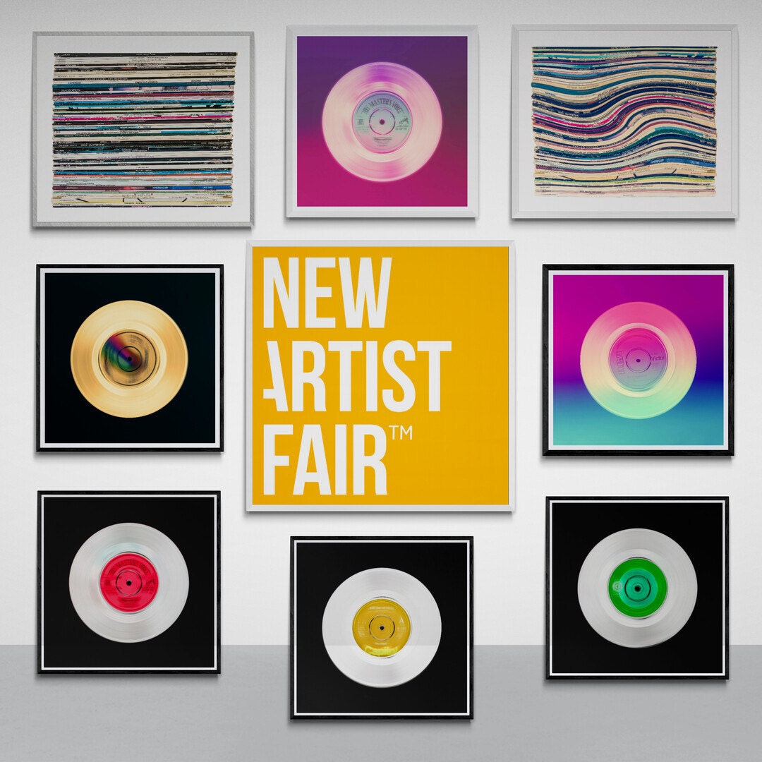 deborah pendell at the new artist fair 2022 with vinyl record artworks for sale at the Truman Brewery Brick Lane London
