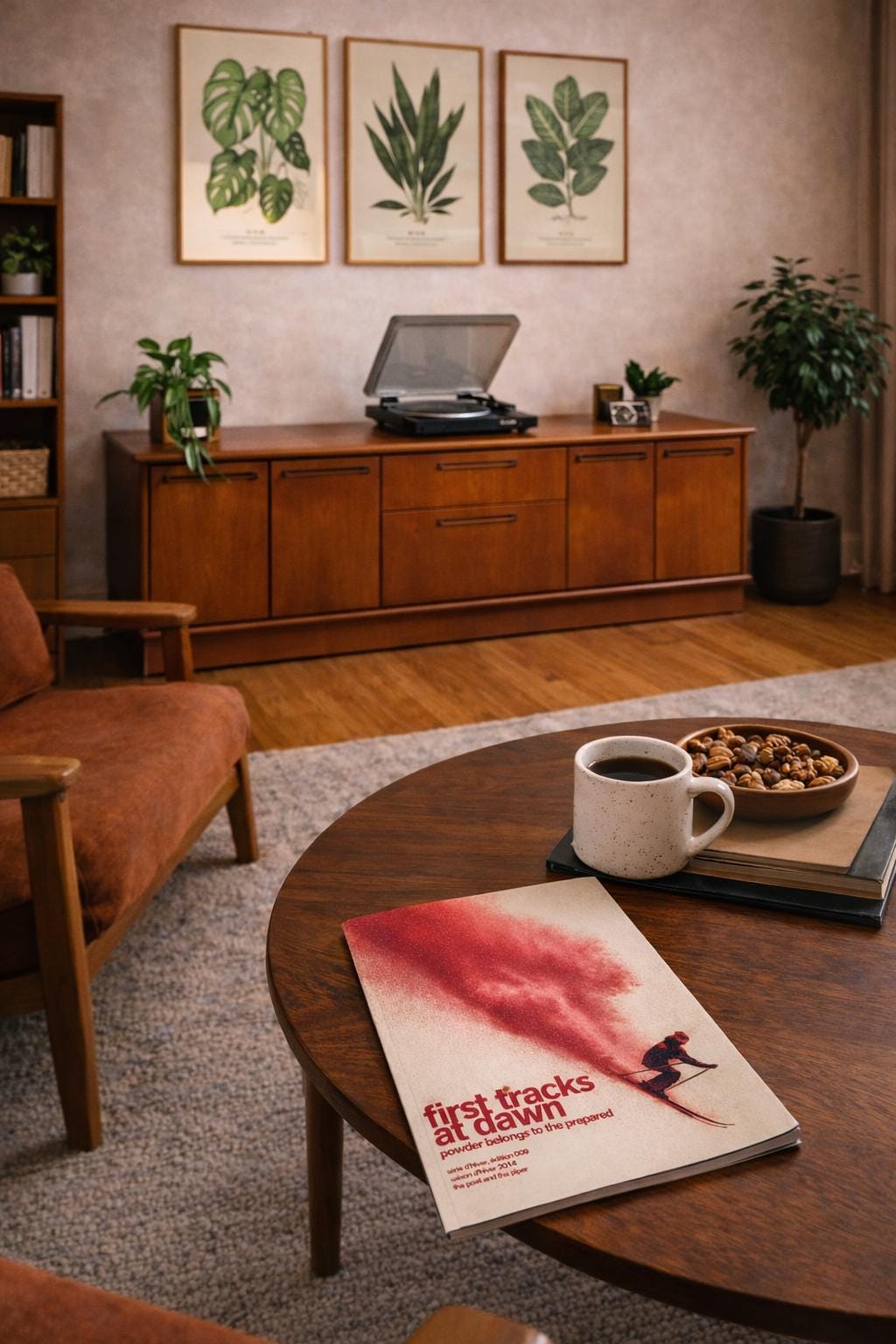 A mid century room with art prints from the Poet and The Piper