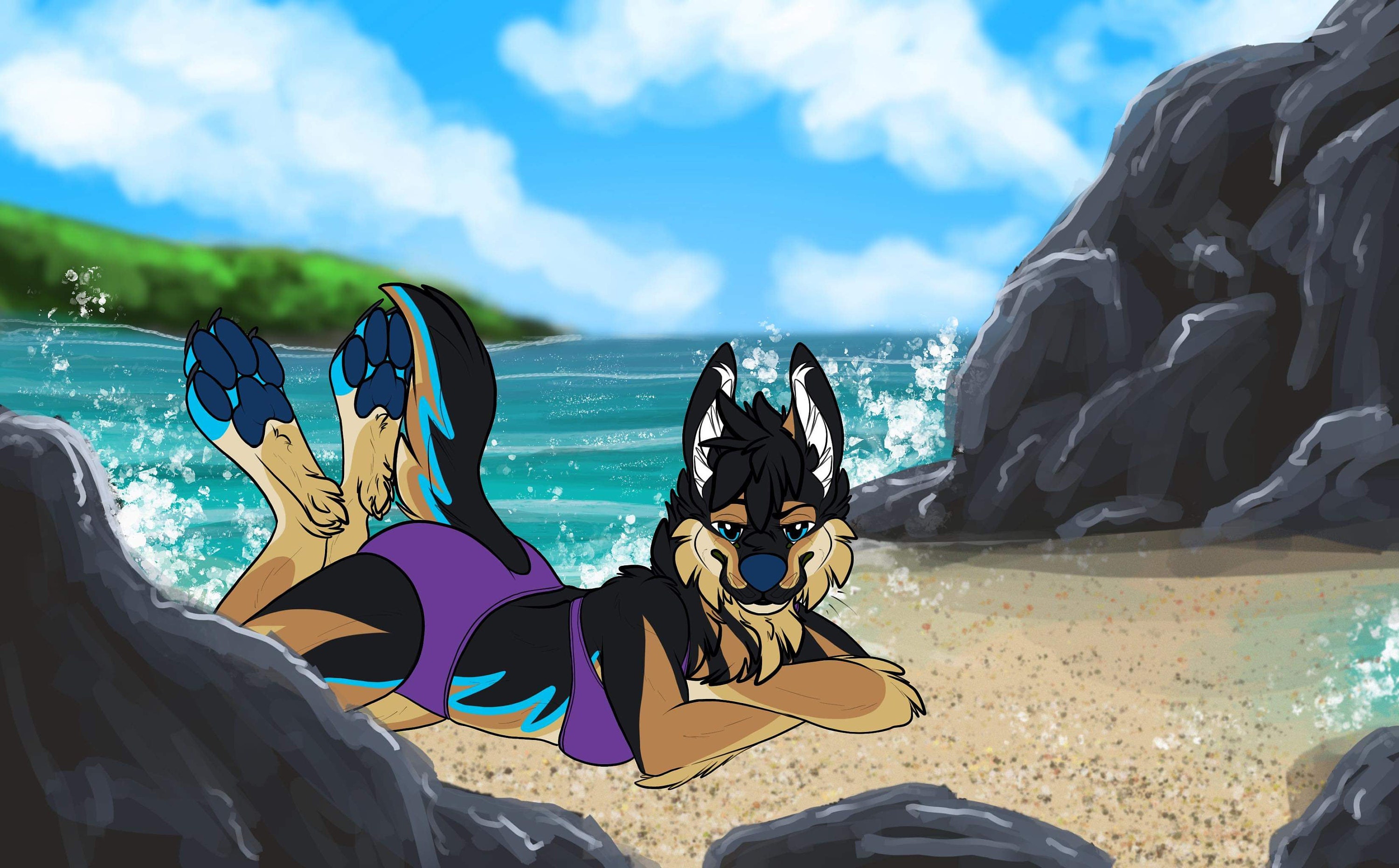 My German Sheppard fursona laying on a sandy beach.