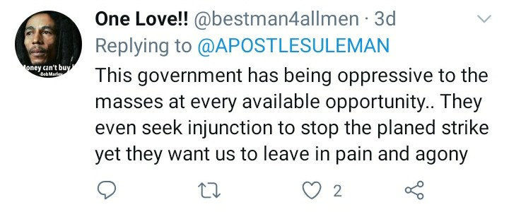 One Love responds to Apostle Sulemans tweet