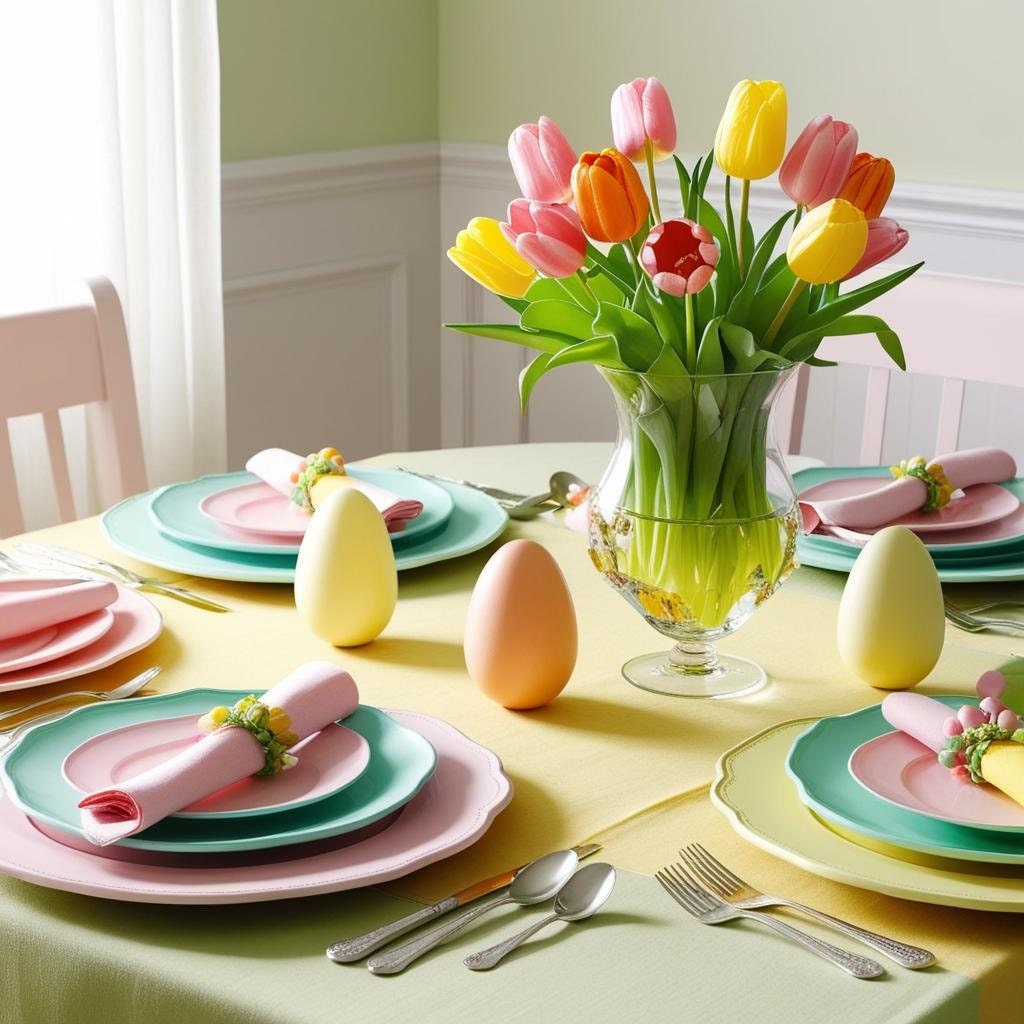 an easter themed table with spring-colored tablecloth, a vase of tulips with pastel table settings