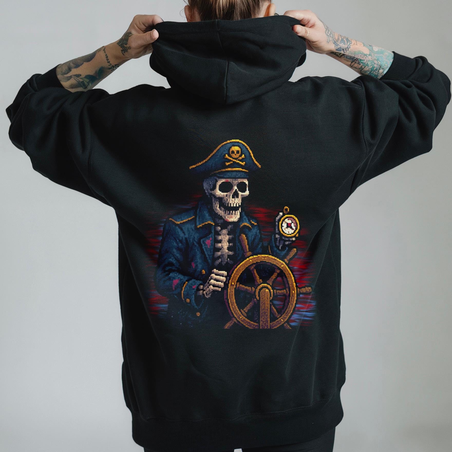 Back view of black hoodie displaying a skeleton pirate captain with compass, Gothic nautical style artwork for pirate fans and gothic fashion wearers.