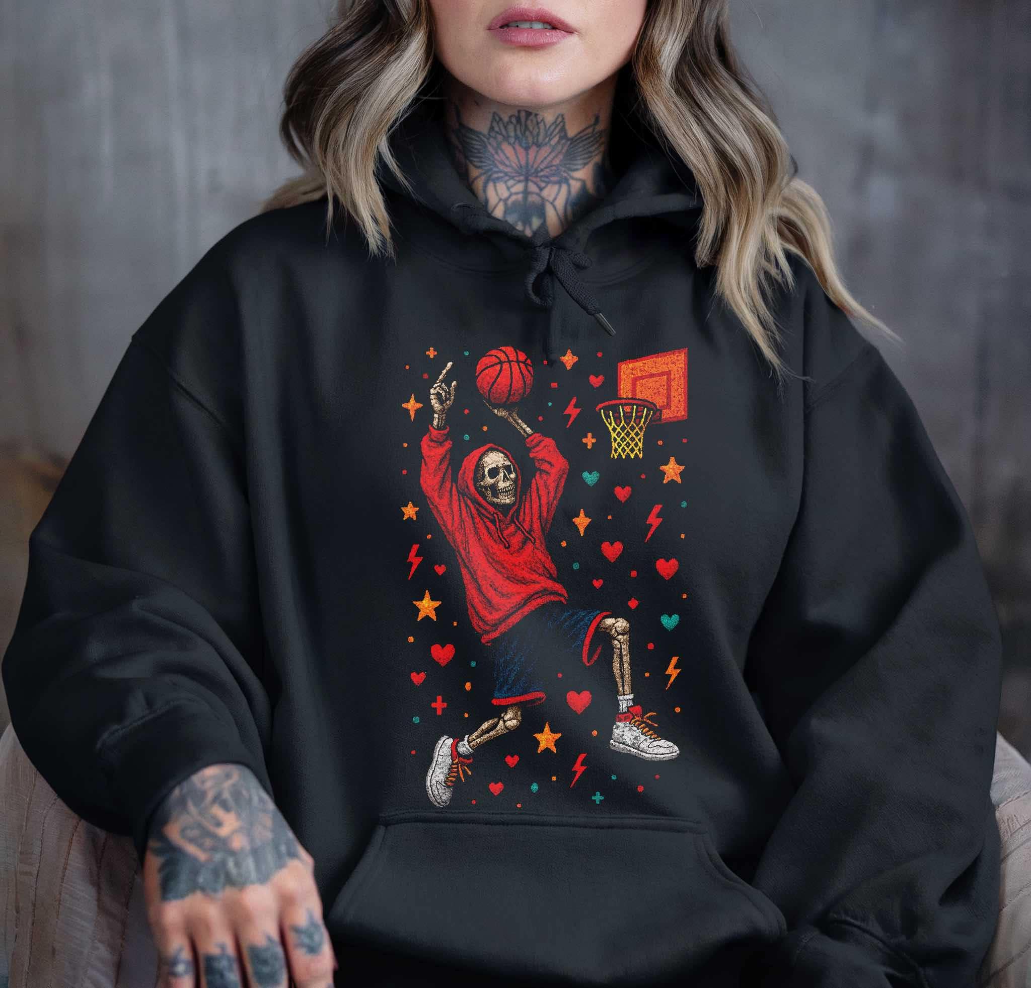 Black hoodie with gothic skeleton basketball pixel art, streetwear design for sports and gothic fans.
