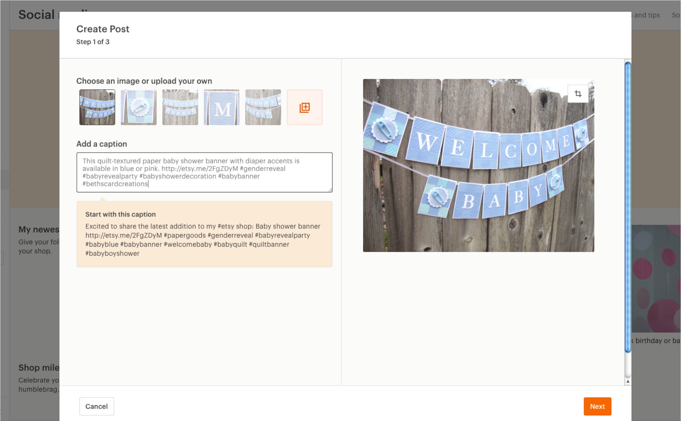 This is the Create Post Add a Caption Social Media menu on Etsy
