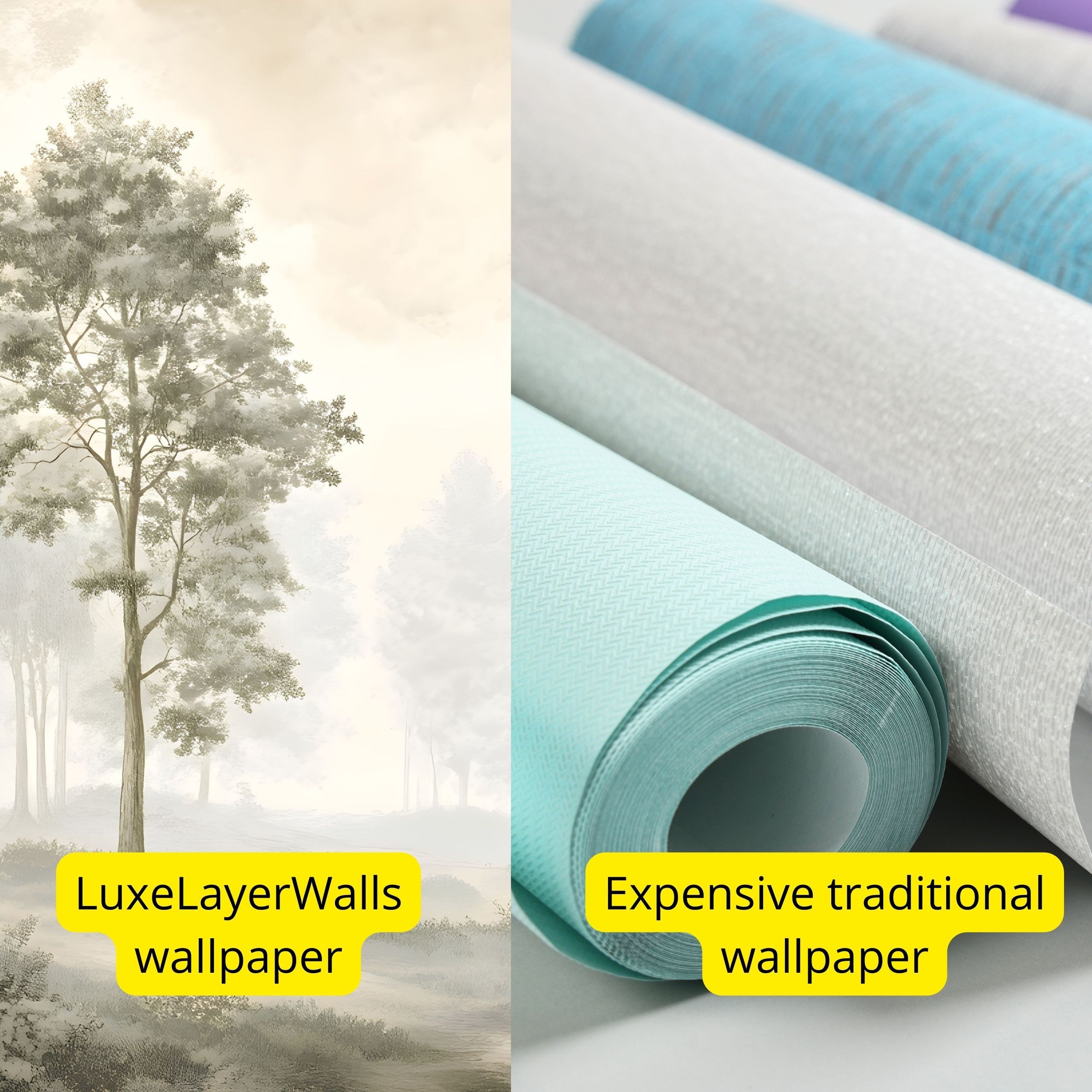 A split-screen image showing a LuxeLayerWalls design next to a more expensive traditional wallpaper to illustrate the price difference.