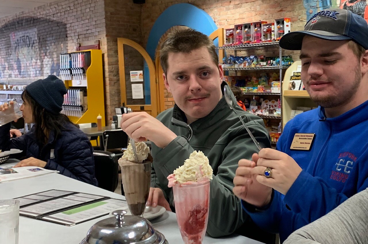 The MountainMen, also the BirthdayBoys, at the soda shoppe on their big day