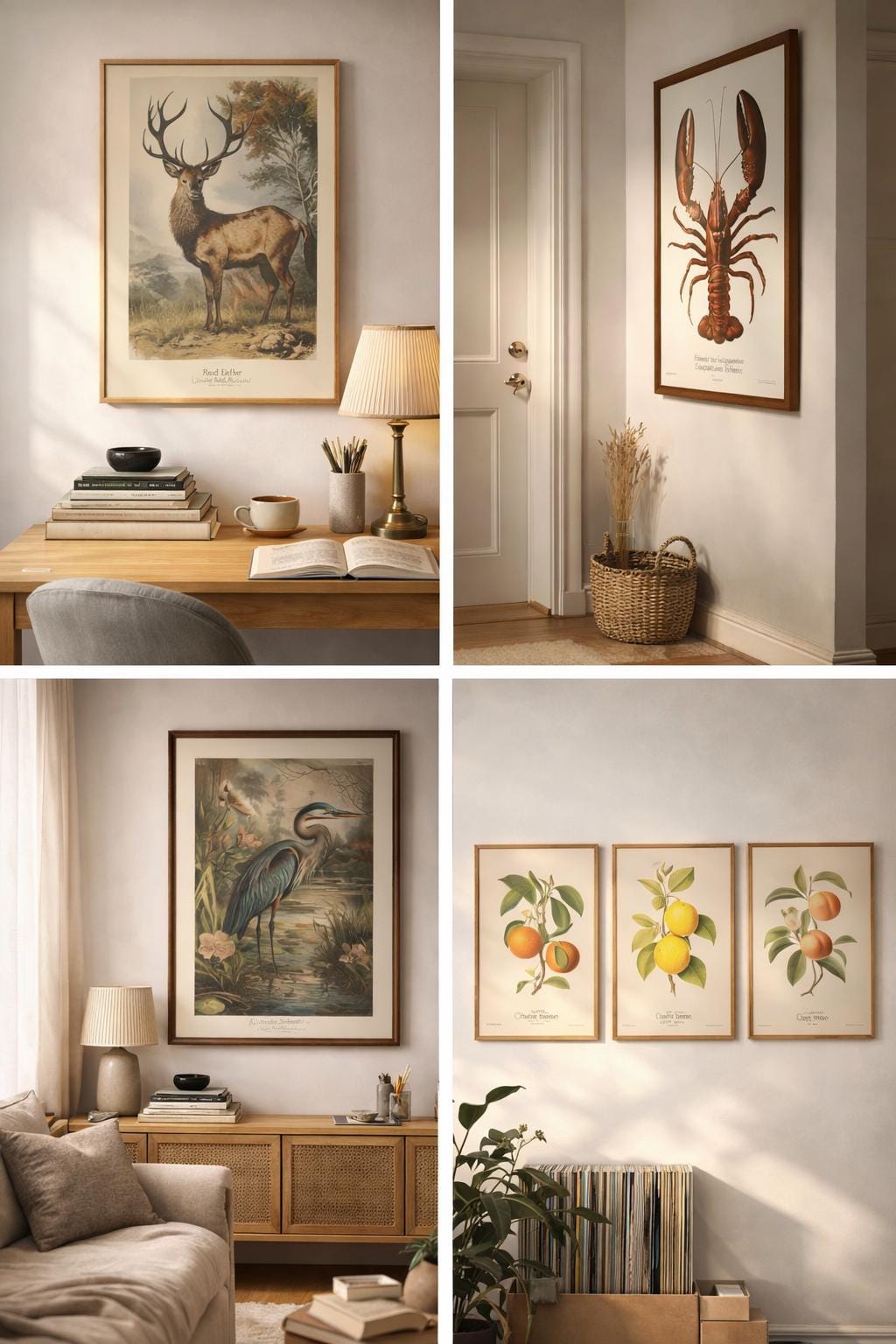 A 2:3 collage featuring four styled interior scenes in a rented city flat. Top left shows a framed stag print hanging above a simple wooden desk with books and a lamp. Top right features a lobster print displayed in a narrow coastal-inspired hallway with a woven basket and soft neutral walls. Bottom left shows a heron print above a cane-front sideboard in a calm bedroom corner with a sofa and table lamp. Bottom right displays three framed citrus botanical prints catching soft afternoon light above a record collection and houseplant. The overall look is warm, minimal and rental-friendly with natural textures and neutral tones.