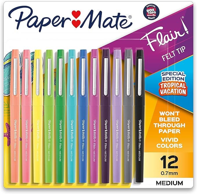 Paper Mate Flair Felt Tip Pens, Medium Point (0.7mm), Tropical Vacation 12 pack