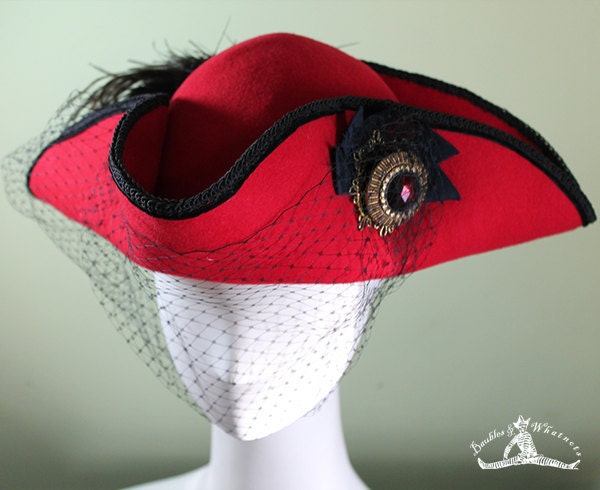 Womens Red Wool Tricorn Hat with Veil