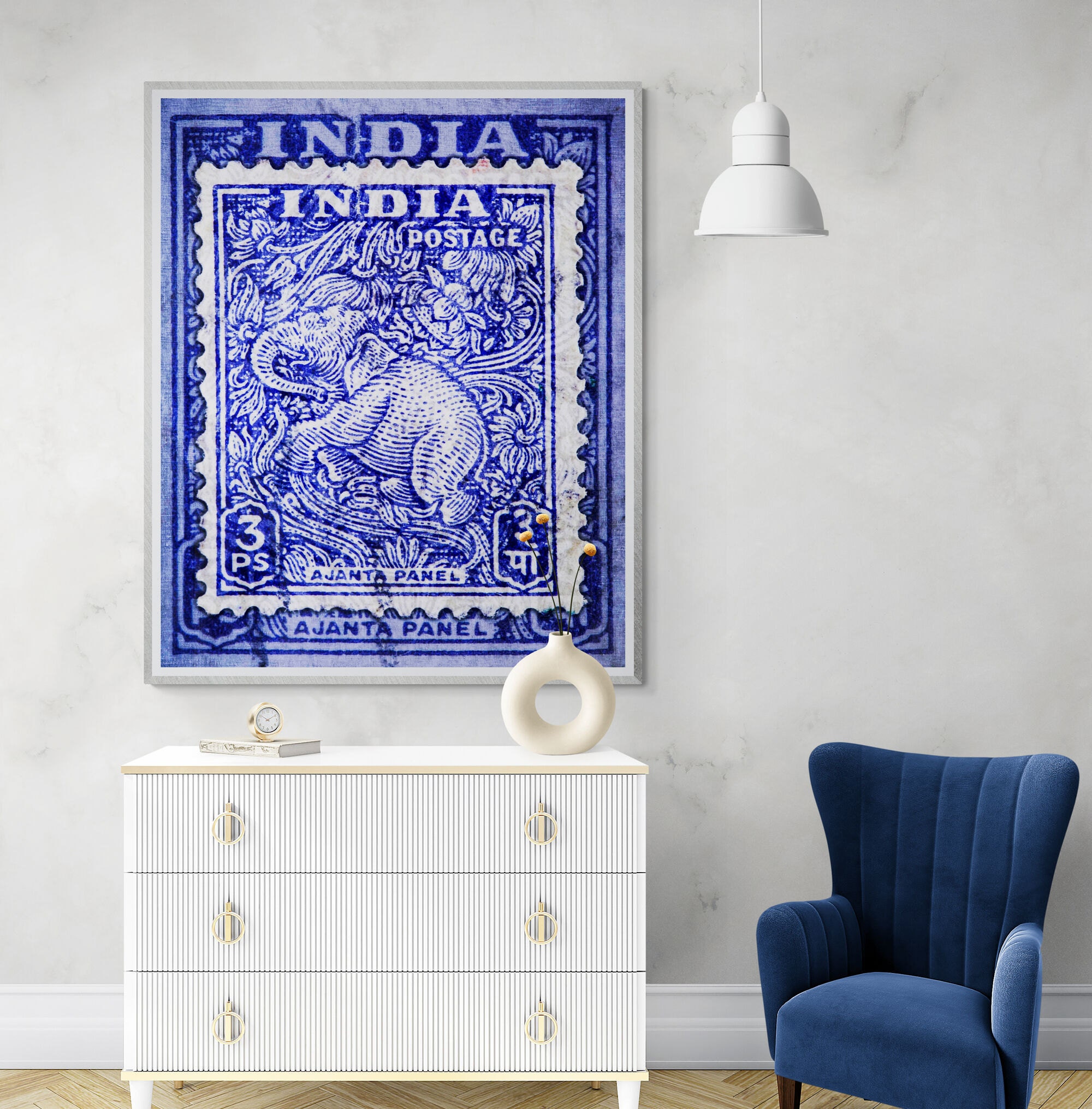 India Elephant Art Print created from vintage postage stamp- blue India wall art in situ