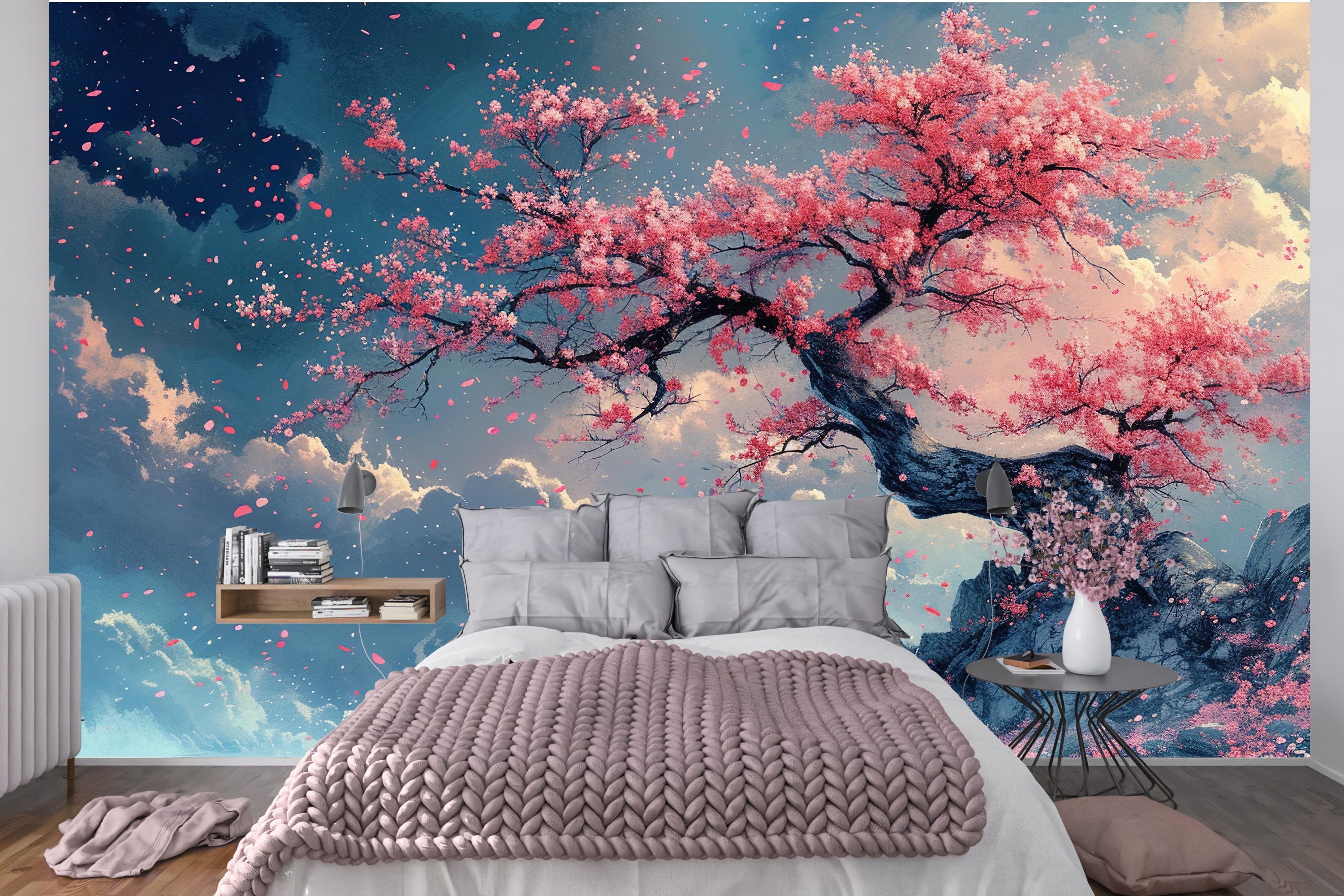 A peaceful bedroom setting, similar to the one generated, with the cherry blossom wallpaper as a focal point.