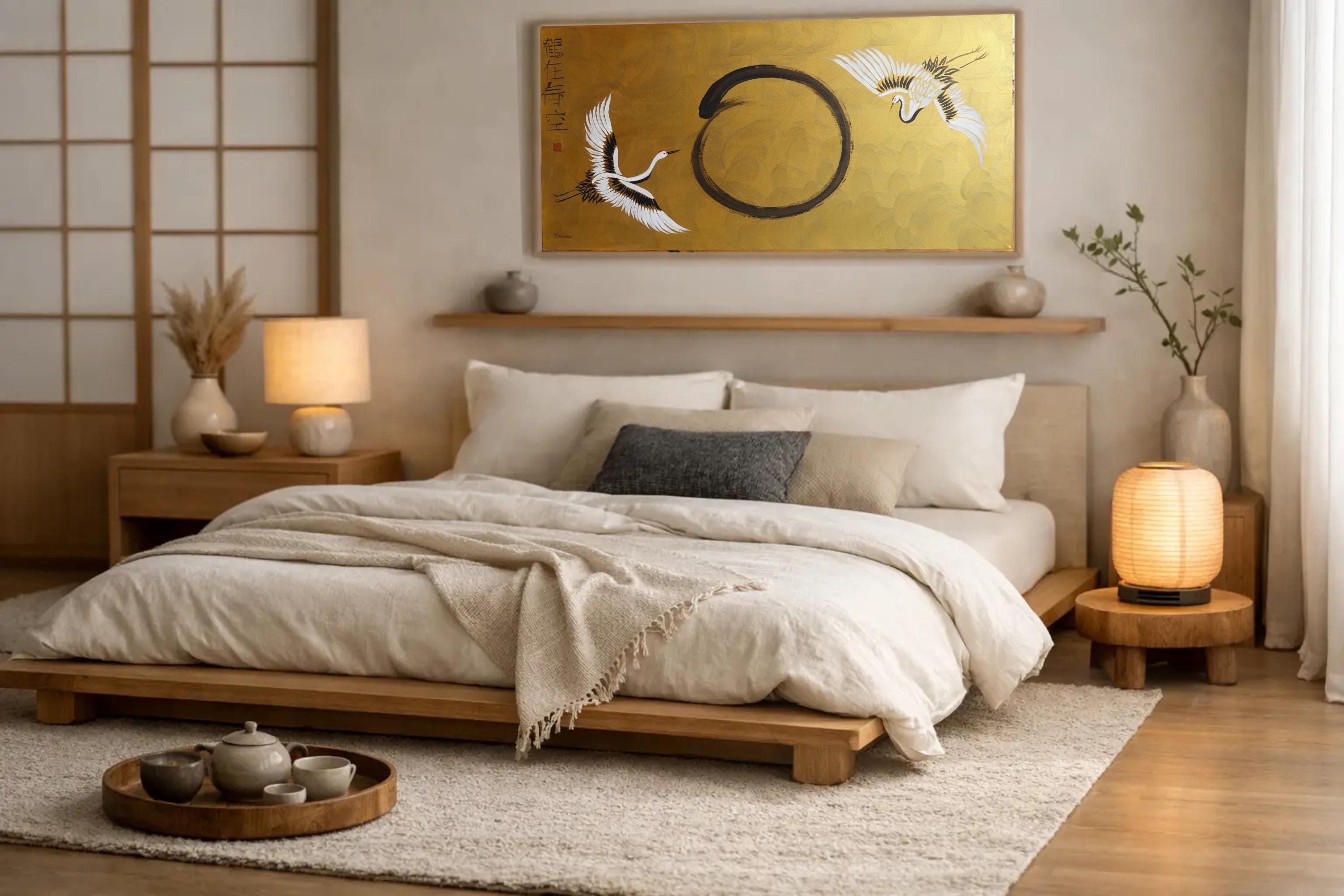 Gold enso and crane in japandi interior