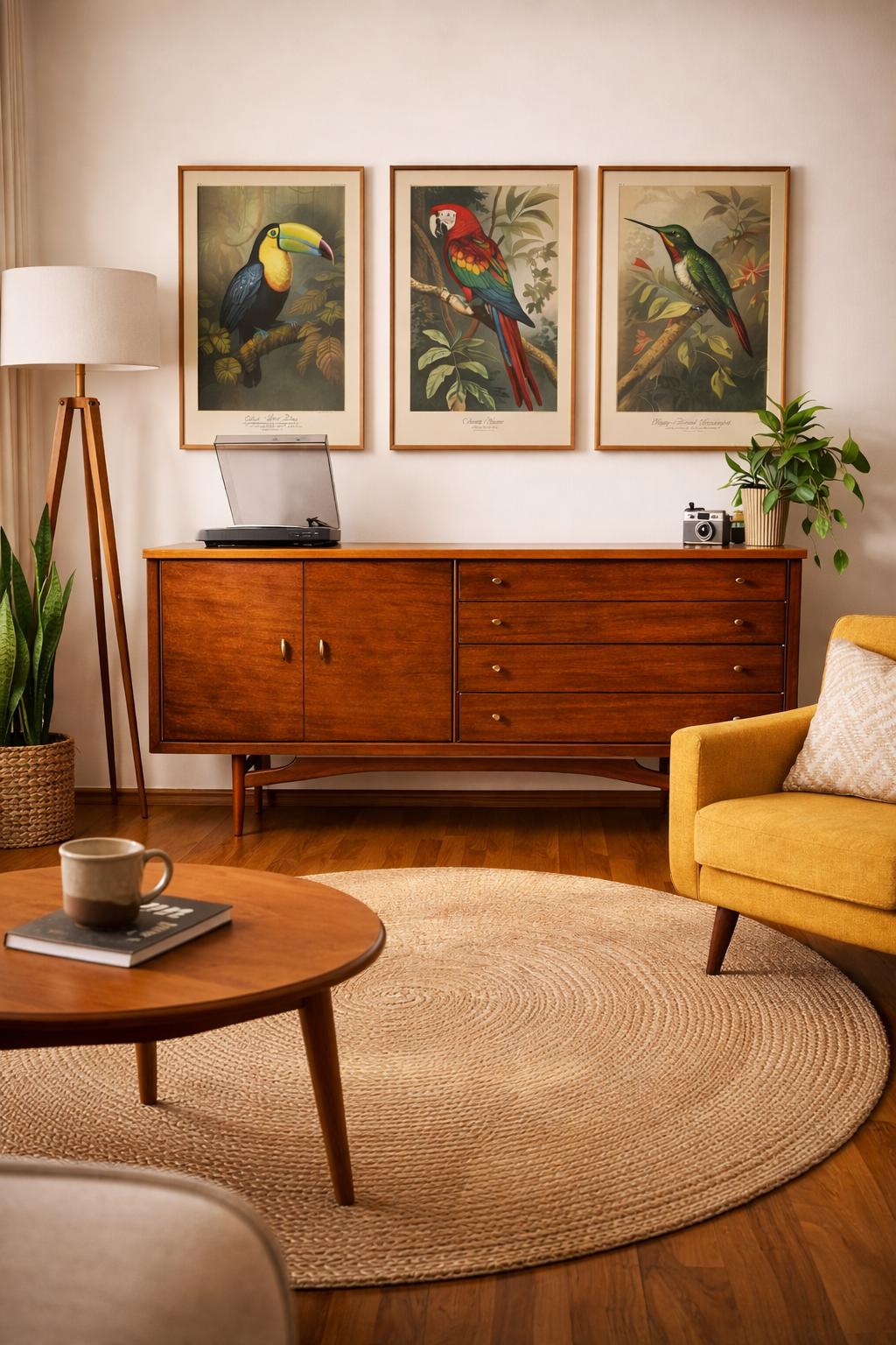 Lebus Teak & Walnut Sideboard with Tropical Bird Prints