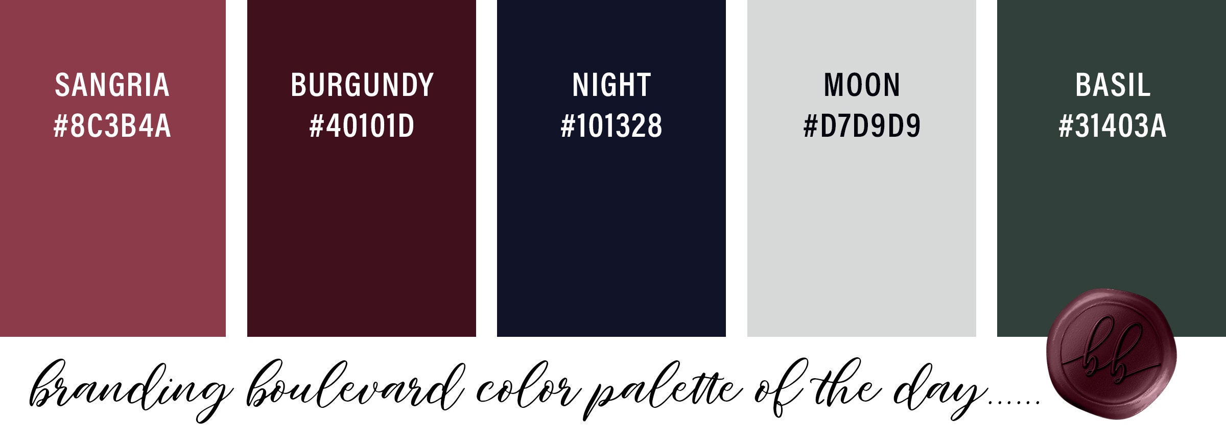 An Evening Cocktail Party Inspired Color Palette - Sangria Punch Red, Burgundy Wine Red, Night Navy Blue, Moon Silver gray, and Basil Green