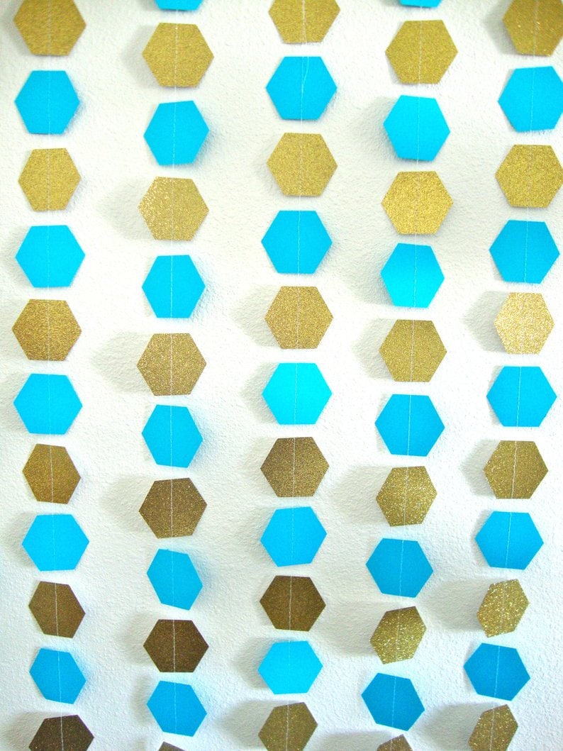 hexagon garlands in turquoise and glitter gold