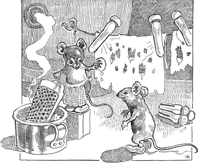 Vintage drawing of mice doing laundry