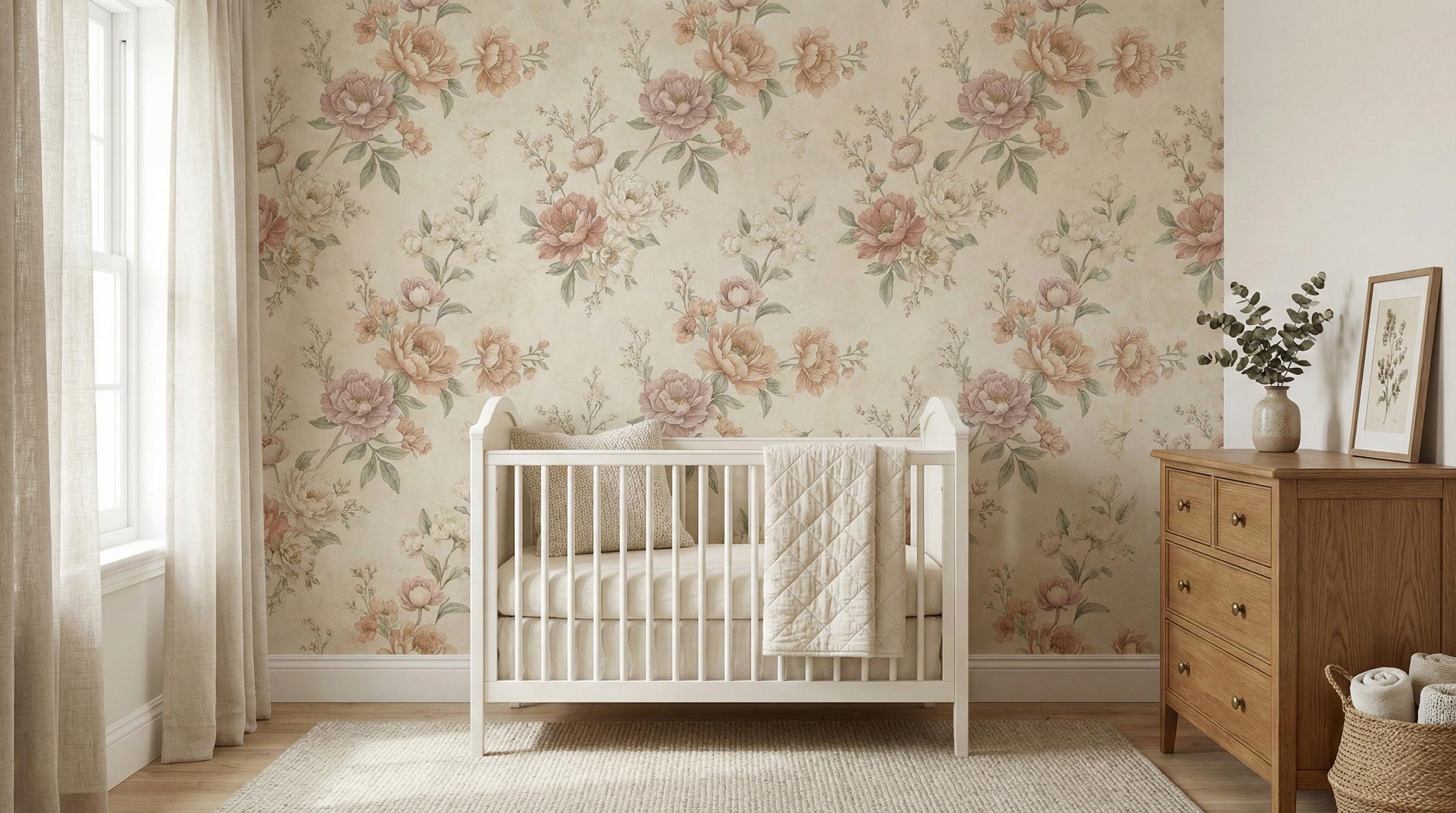 vintage nursery wallpaper trends with muted floral pattern cozy baby room
