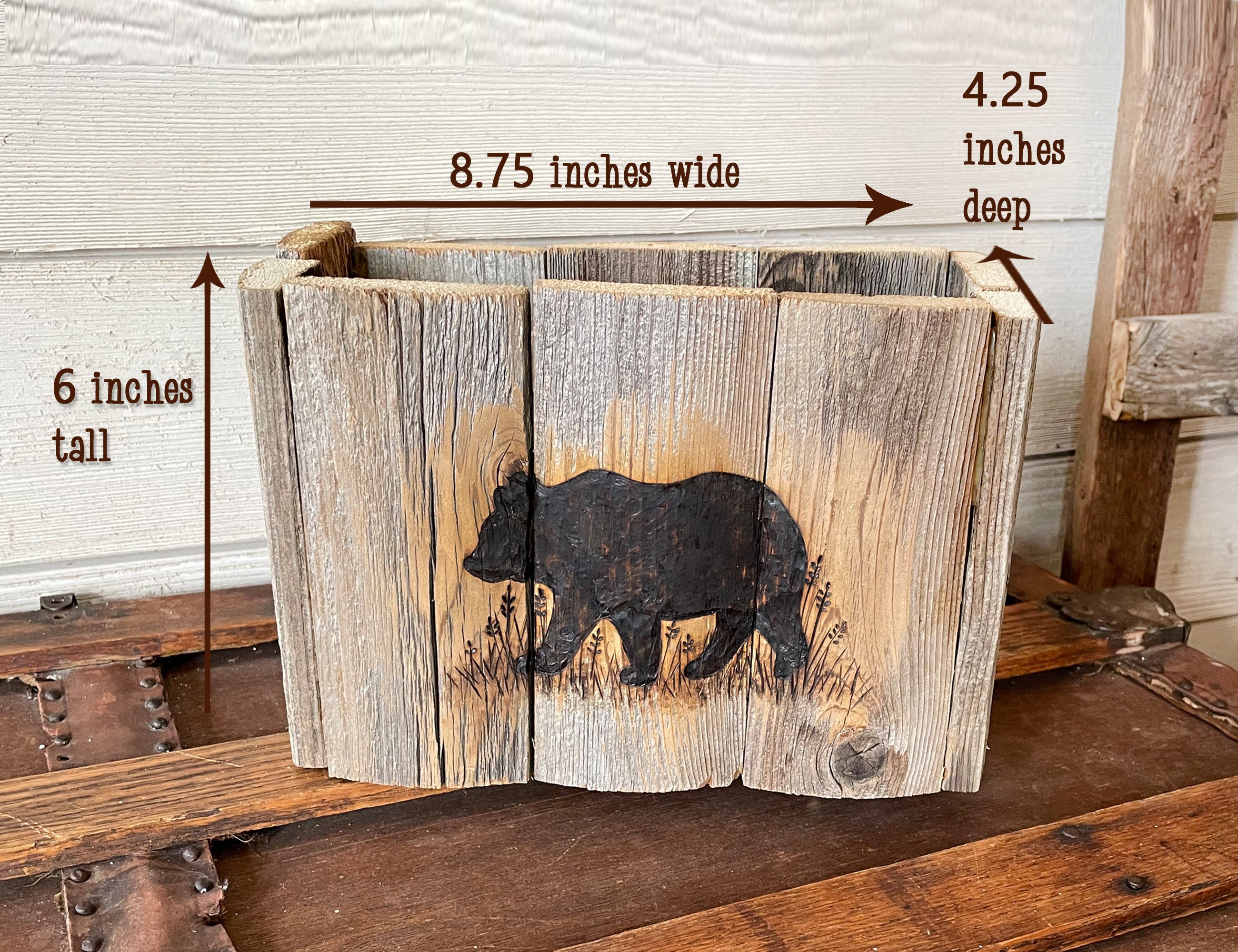 This image shows the wood bear box assembled. The box is 6 inches tall, 8.75 inches wide, and 4.25 inches deep.