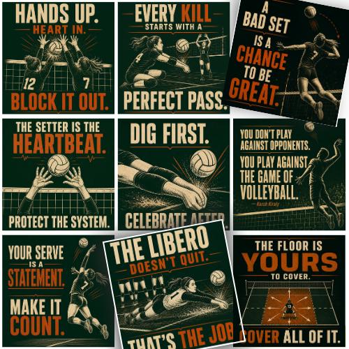 Vintage-style collage of nine volleyball encouragement cards featuring serving, passing, blocking, setting and diving players, with motivational messages about teamwork, effort and confidence.