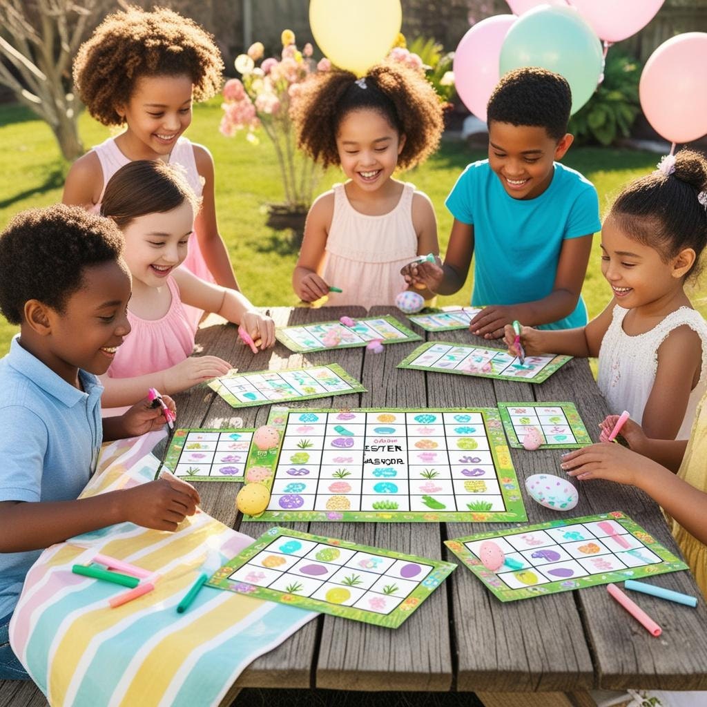 Kids gathered at a picnic table playing printable Easter bingo outdoors with pastel decor.