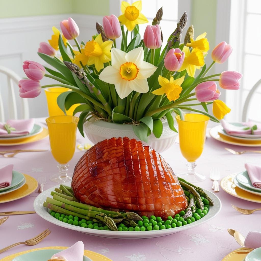 Easter dinner table with ham, spring sides, and printable trivia cards at each place.