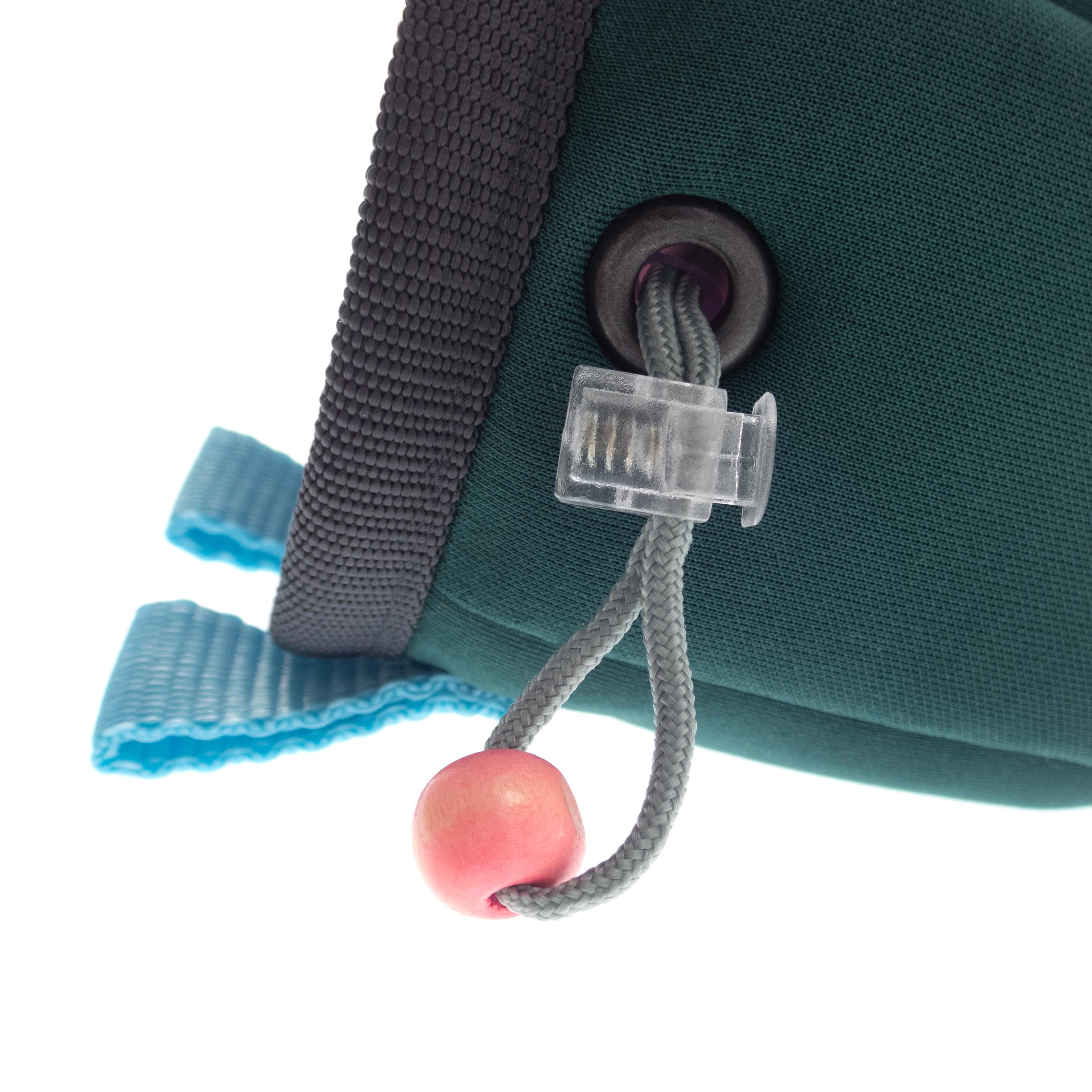 Small childrens chalk bag with adjustable waist belt for rock climbing and gym practice.