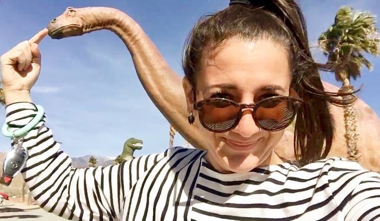 funny photo op, cabazon dinosaurs, palm springs weekend, funny travel blog, angelica demiris, acouplepuns